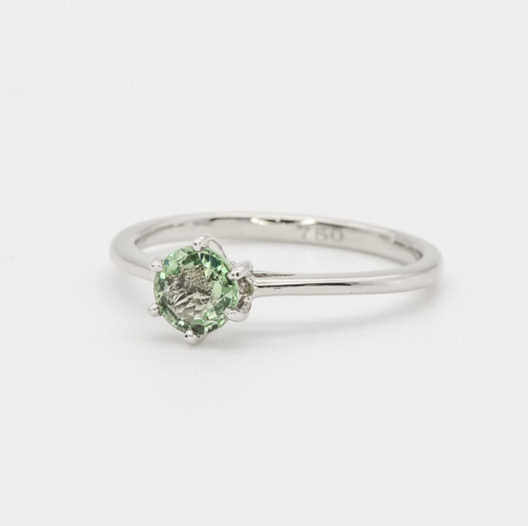 Green Sapphire Ring, Solid 18k White Gold Ring, Classy Round Engagement Ring, 6-Prong Ring