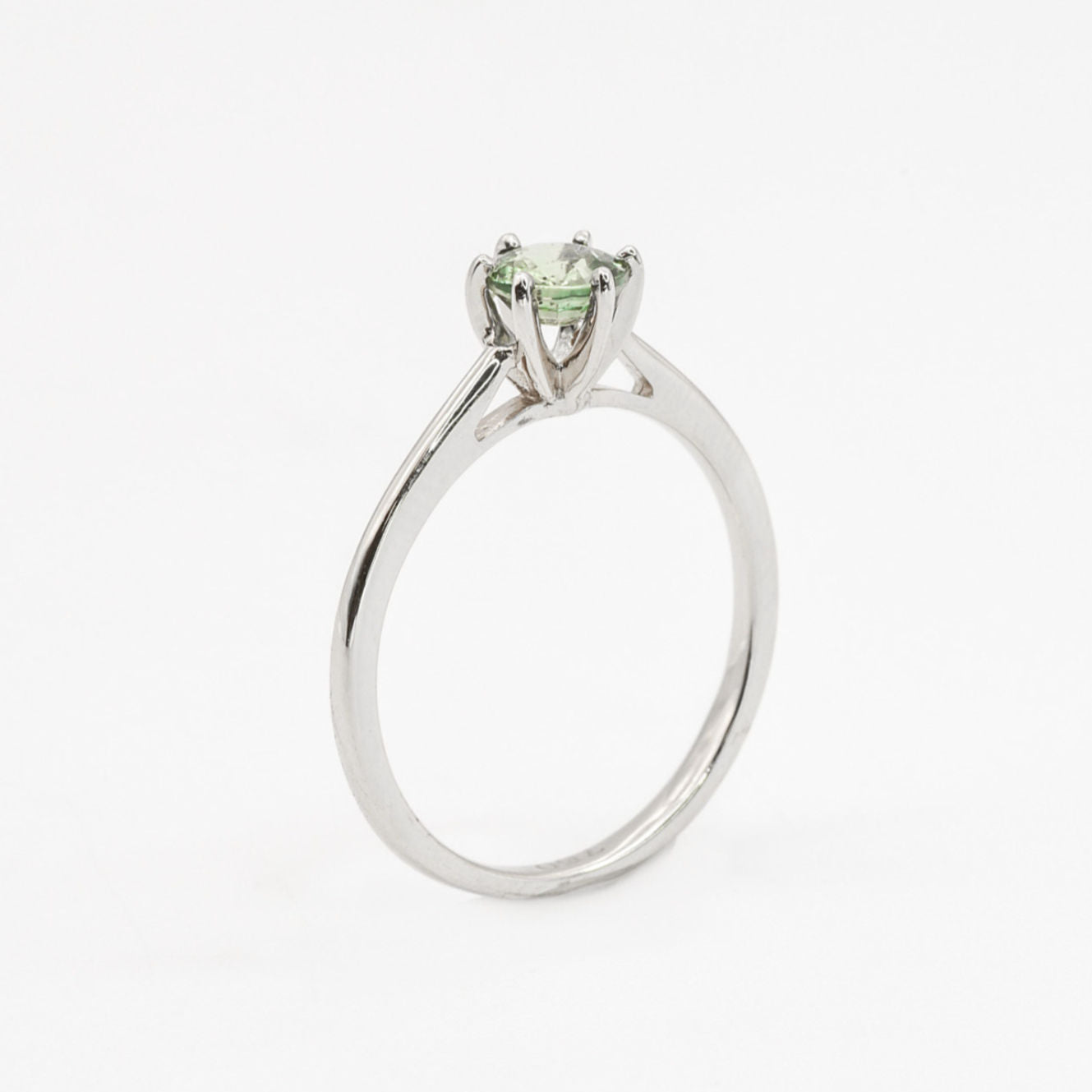 Green Sapphire Ring, Solid 18k White Gold Ring, Classy Round Engagement Ring, 6-Prong Ring