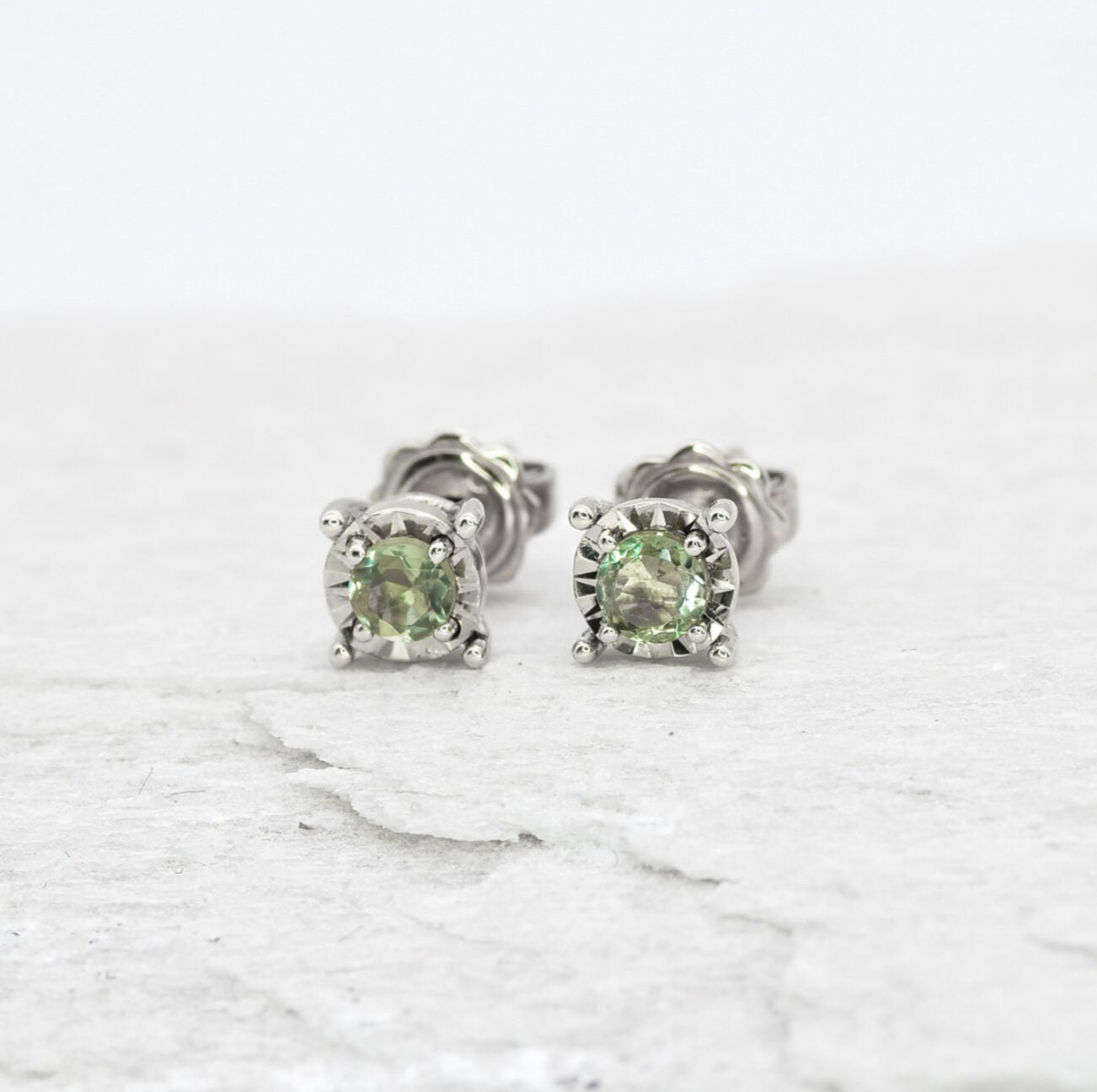 Minimalist White Gold Studs - Genuine Aquamarine Earrings - Solid 18k White Gold Earrings