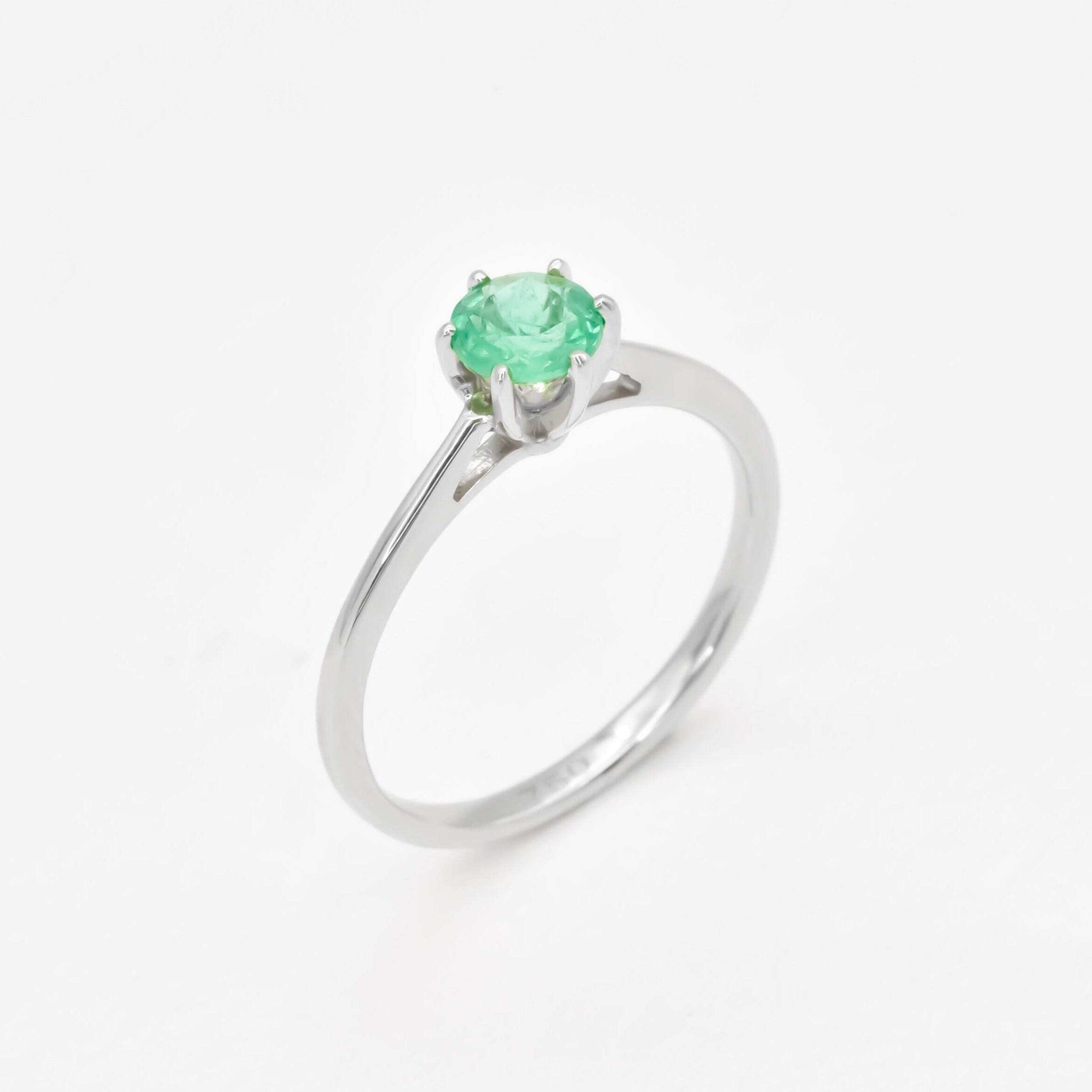 Real Emerald White Gold Ring - Solitaire Genuine Emerald Ring - 18k Certified White Gold Ring