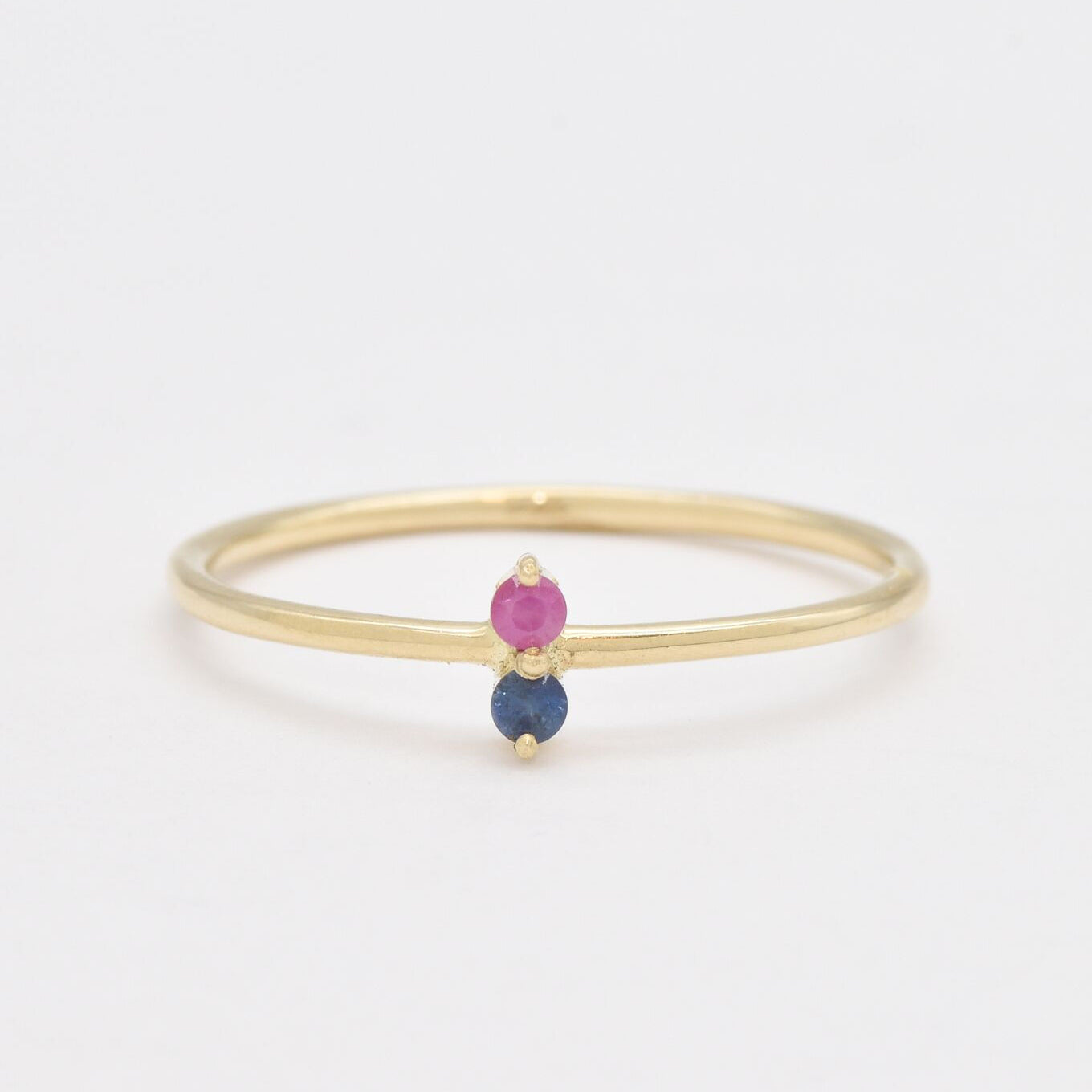 Ruby and Sapphire Gold Ring - Solid Gold Dainty Ring - Two Stone Gold Ring