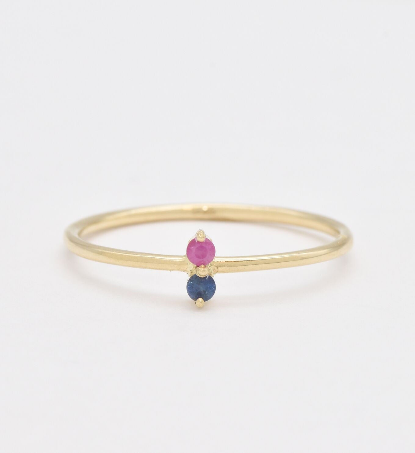 Ruby and Sapphire Gold Ring - Solid Gold Dainty Ring - Two Stone Gold Ring