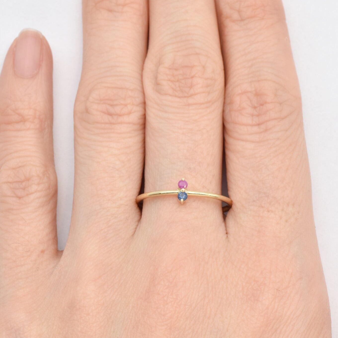 Ruby and Sapphire Gold Ring - Solid Gold Dainty Ring - Two Stone Gold Ring