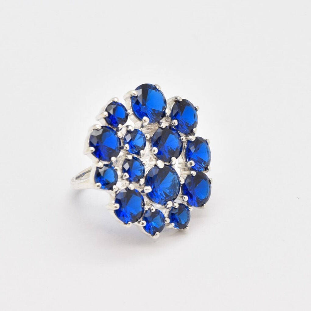 Cluster setting Created Sapphire Ring in 925 Sterling Silver, September Birthstone, symbolizes sincerity and faithfulness. Ideal gift!