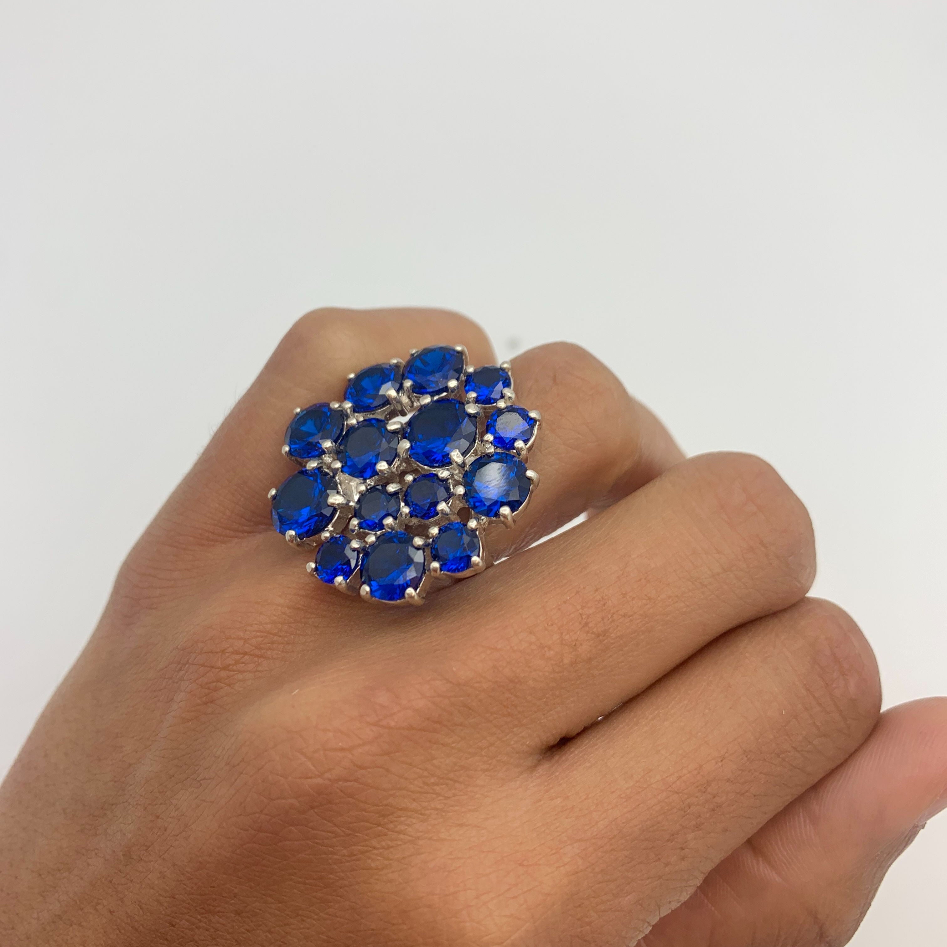 Created Sapphire Ring made in 925 Sterling Silver with Round Created Blue Sapphire in Cluster setting, September Birthstone gift idea, symbolizes sincerity, truth, and faithfulness, ideal for everyday wear and perfect for birthday gifting and special occasions.