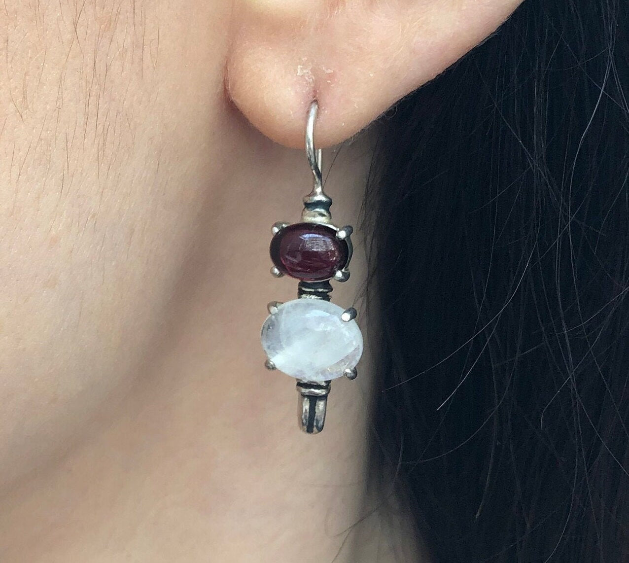 Long Garnet Earrings, Rainbow Moonstone, Vintage Earrings, June Birthstone, January Earrings, Natural Garnet Earrings, Solid Silver Earrings
