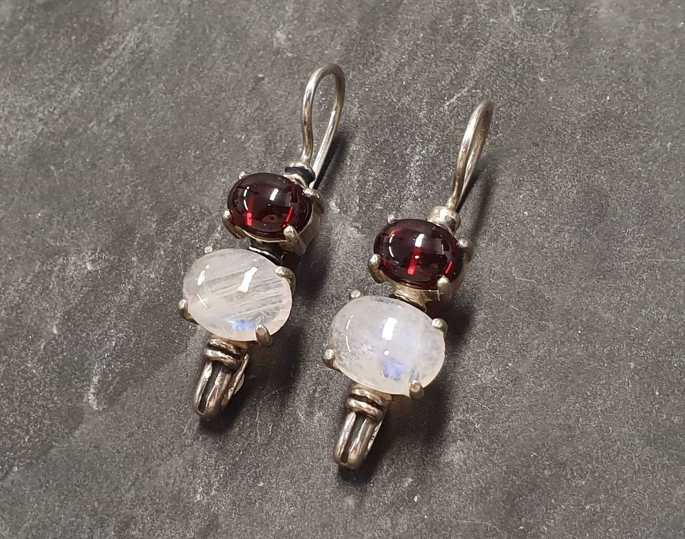 Long Garnet Earrings, Rainbow Moonstone, Vintage Earrings, June Birthstone, January Earrings, Natural Garnet Earrings, Solid Silver Earrings