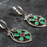 Chrysoprase Earrings, Natural Chrysoprase, Natural Ruby, May Birthstone, Flower Earrings, Vintage Earrings, Silver Earrings, Chrysoprase
