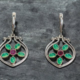 Chrysoprase Earrings, Natural Chrysoprase, Natural Ruby, May Birthstone, Flower Earrings, Vintage Earrings, Silver Earrings, Chrysoprase