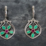 Chrysoprase Earrings, Natural Chrysoprase, Natural Ruby, May Birthstone, Flower Earrings, Vintage Earrings, Silver Earrings, Chrysoprase