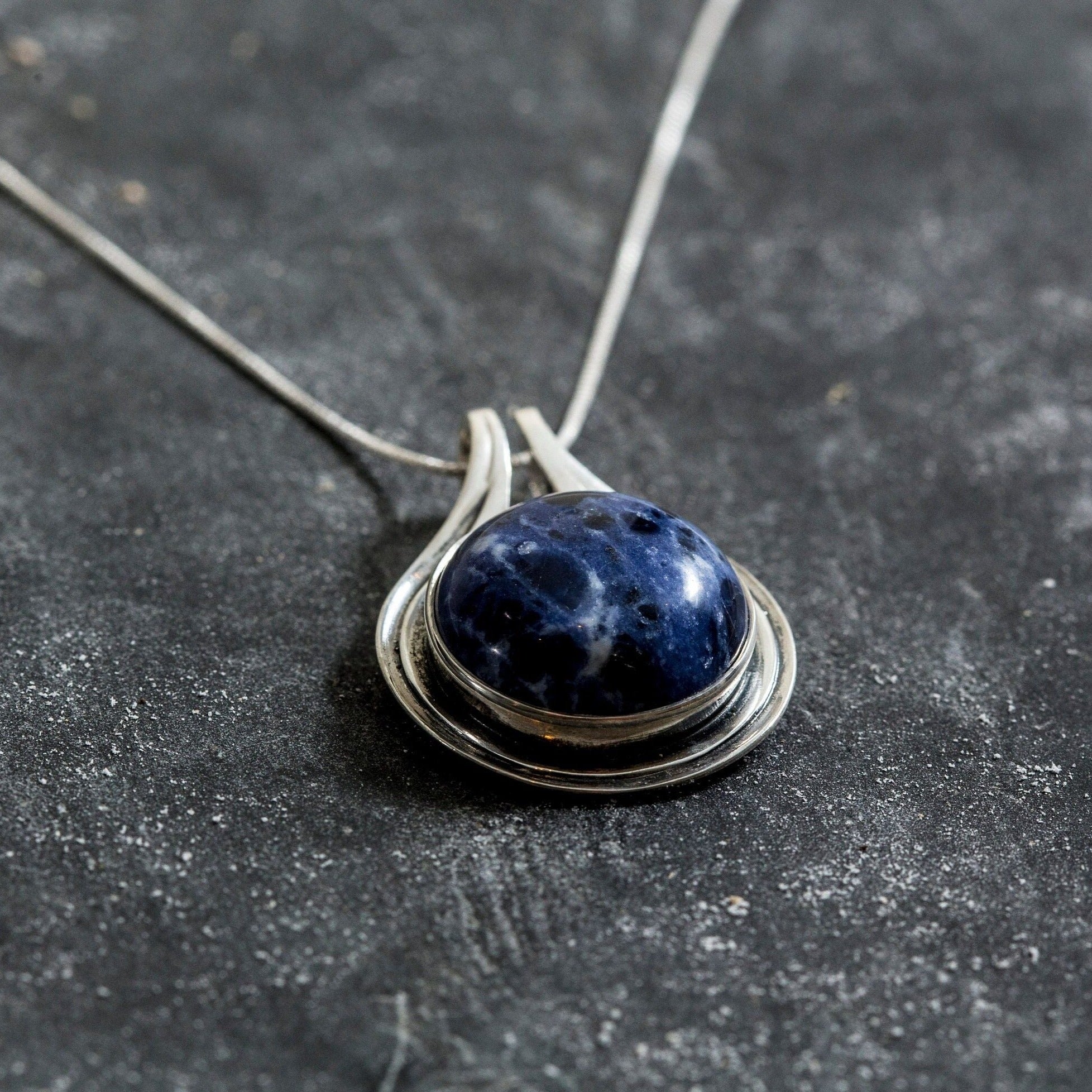 Sodalite Pendant, Large Sodalite Pendant, Large Vintage Pendant, Large Stone Pendant, Round Pendant, Blue Pendant, Silver Pendant, Sodalite