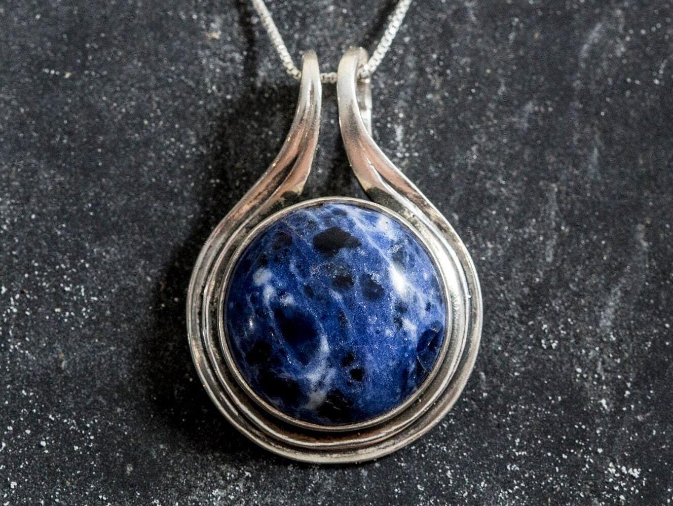 Sodalite Pendant, Large Sodalite Pendant, Large Vintage Pendant, Large Stone Pendant, Round Pendant, Blue Pendant, Silver Pendant, Sodalite