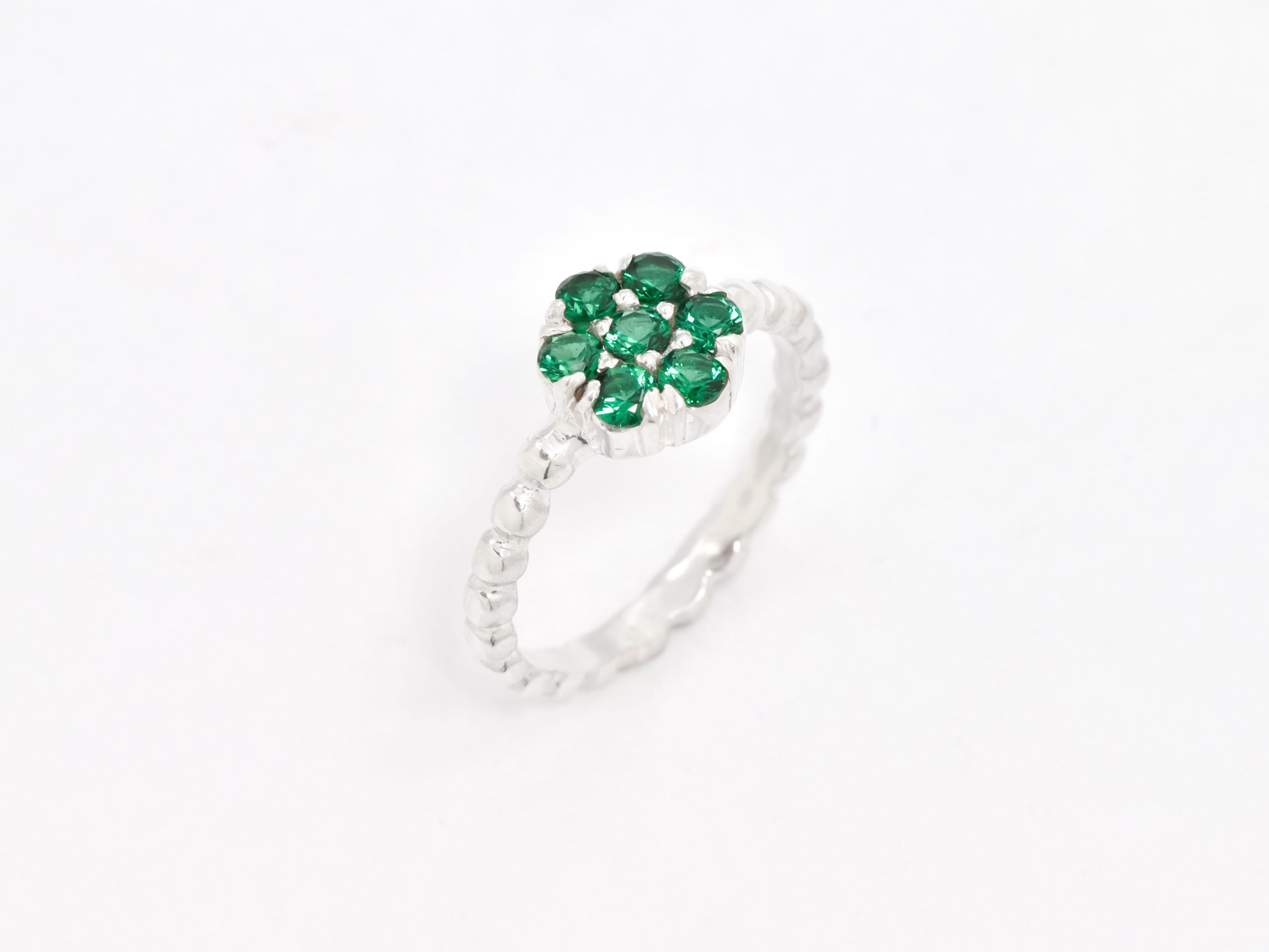 Created Emerald Ring made in 925 Sterling Silver with Round Created Green Emerald in Cluster setting, May Birthstone gift idea, symbolizes, ideal for everyday wear and perfect for birthday gifting and special occasions.