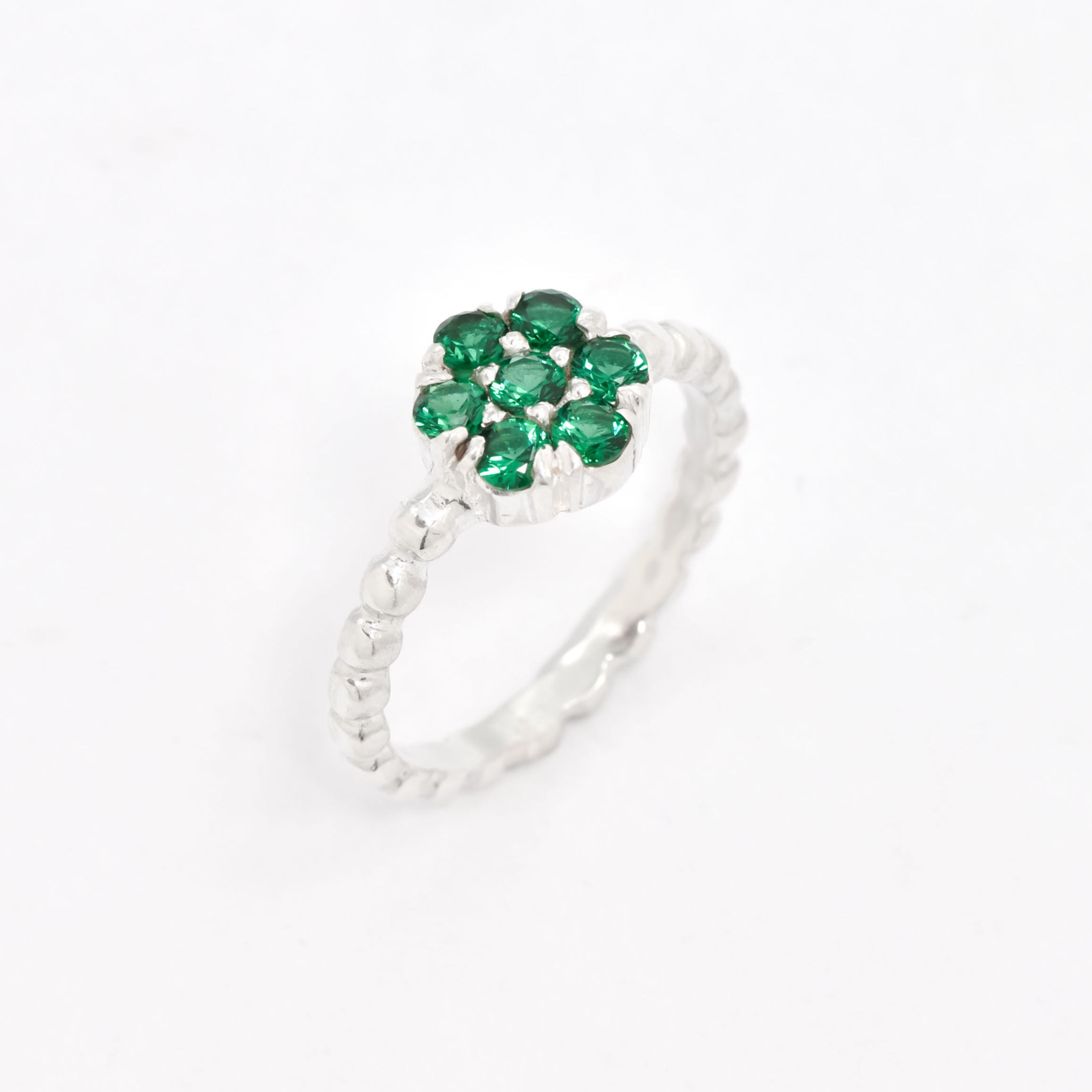 Created Emerald Ring made in 925 Sterling Silver with Round Created Green Emerald in Cluster setting, May Birthstone gift idea, symbolizes, ideal for everyday wear and perfect for birthday gifting and special occasions.
