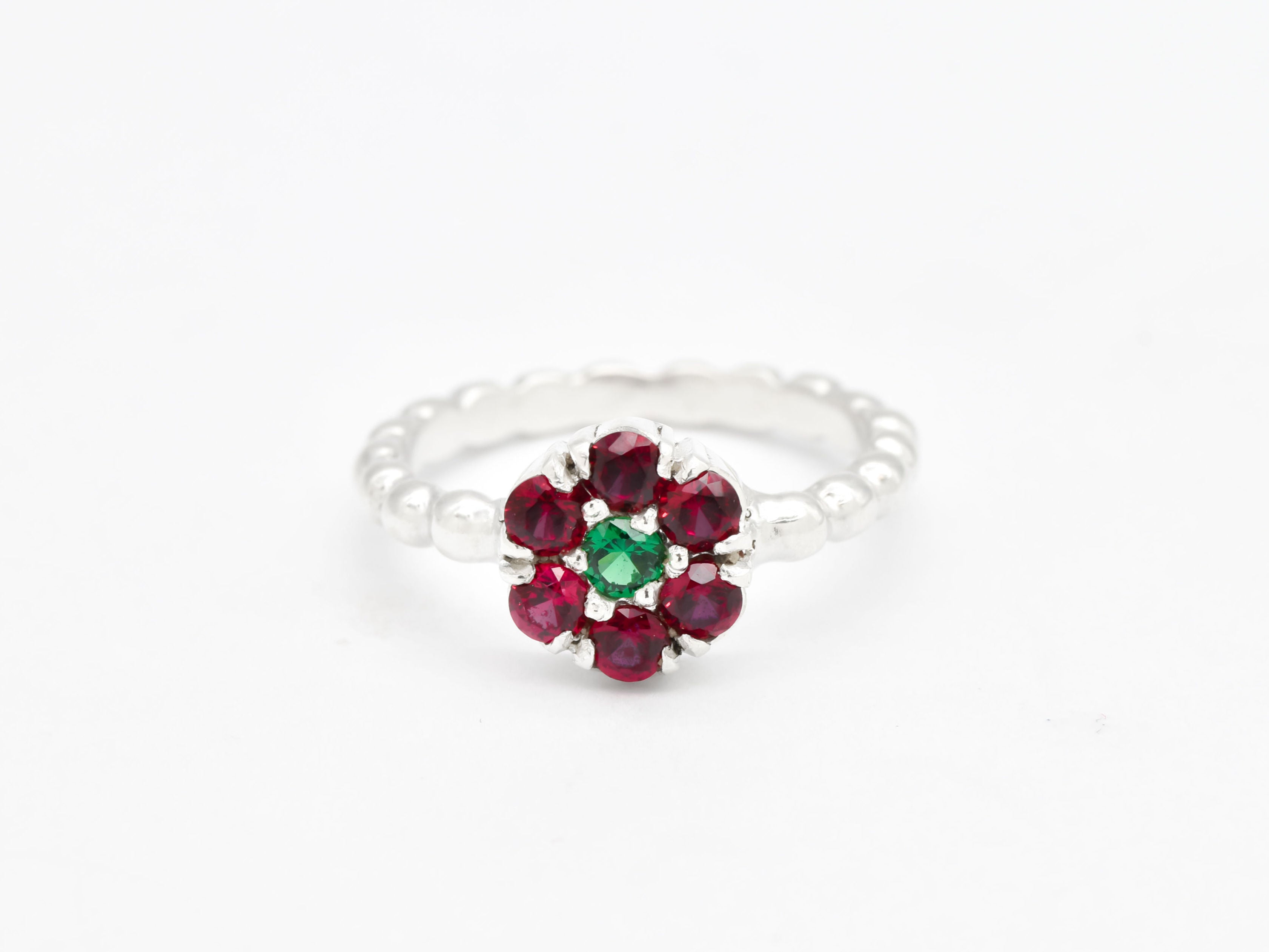 Created Ruby Ring made in 925 Sterling Silver with Round Created Red Ruby in Cluster setting, July Birthstone gift idea, symbolizes nobility, purity, and passion, ideal for everyday wear and perfect for birthday gifting and special occasions.