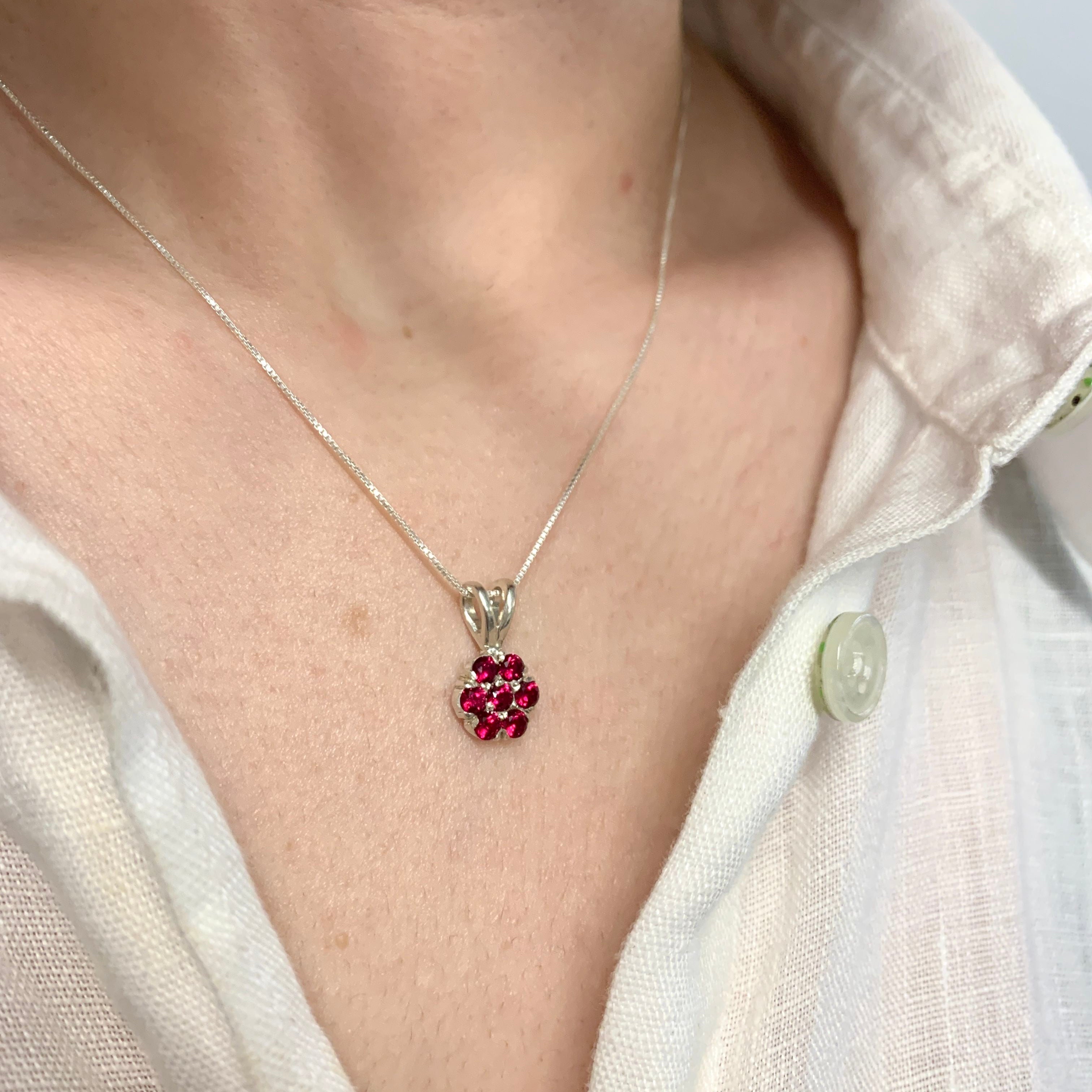 Created Ruby Cluster Pendant in 925 Sterling Silver, July Birthstone, symbolizes passion; perfect for daily wear and gifting.