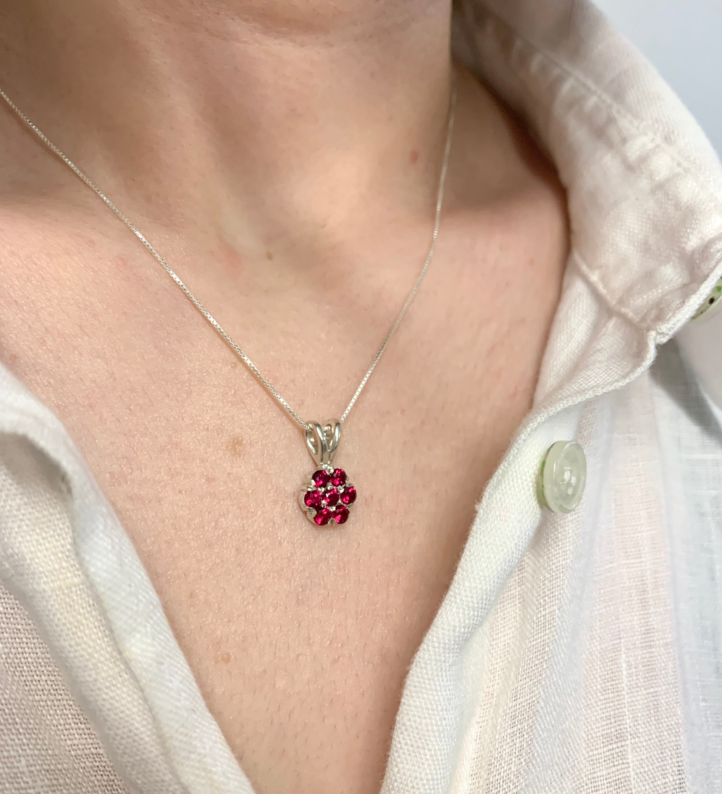 Created Ruby Cluster Pendant in 925 Sterling Silver, July Birthstone, symbolizes passion; perfect for daily wear and gifting.