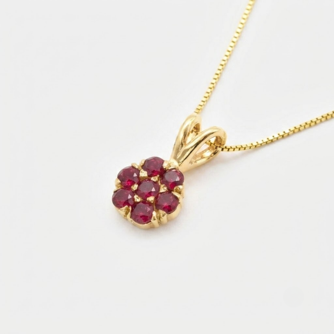 Red ruby flower cluster pendant on 18k gold vermeil chain, dainty July birthstone necklace for birthdays and everyday wear.