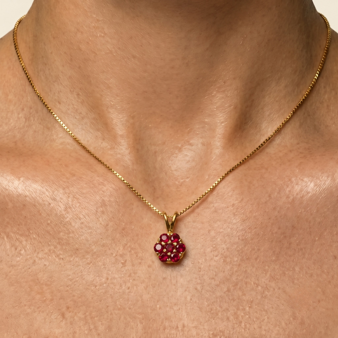 Ruby flower cluster necklace on delicate 18k gold vermeil chain, dainty July birthstone pendant ideal gift.