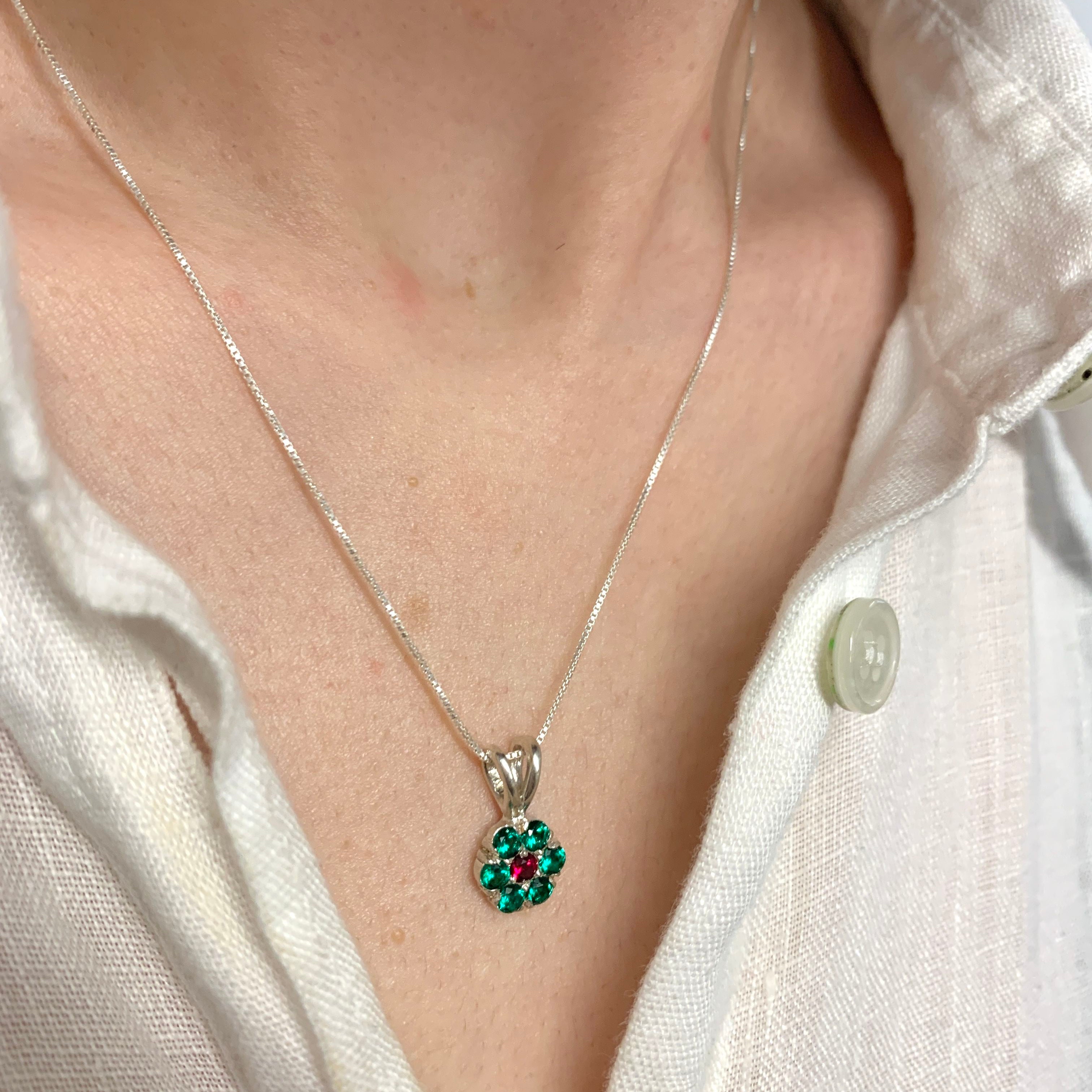 Created Emerald Pendant in Sterling Silver, May Birthstone, Cluster setting, perfect for everyday wear and special occasions.