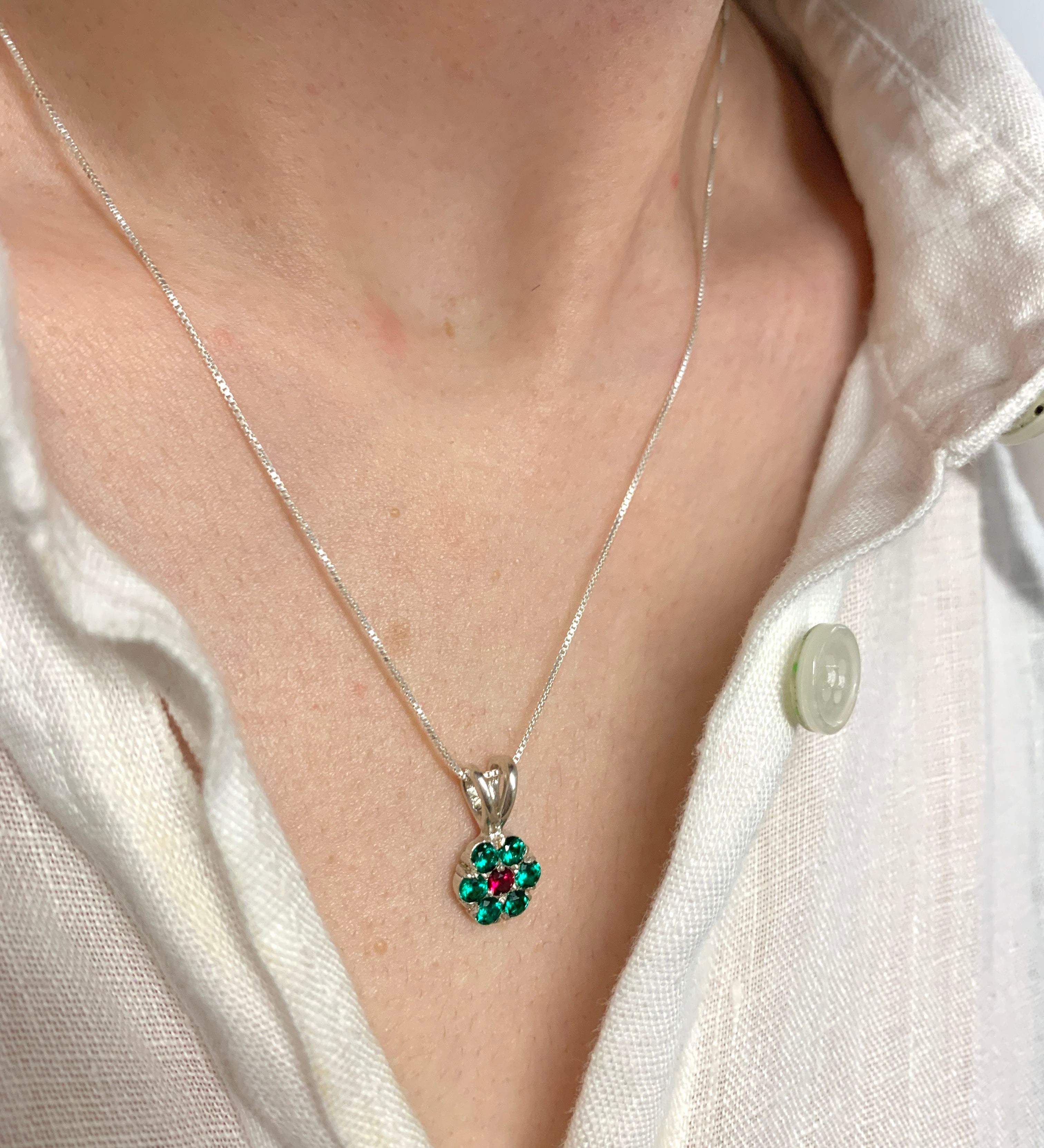 Created Emerald Pendant in Sterling Silver, May Birthstone, Cluster setting, perfect for everyday wear and special occasions.