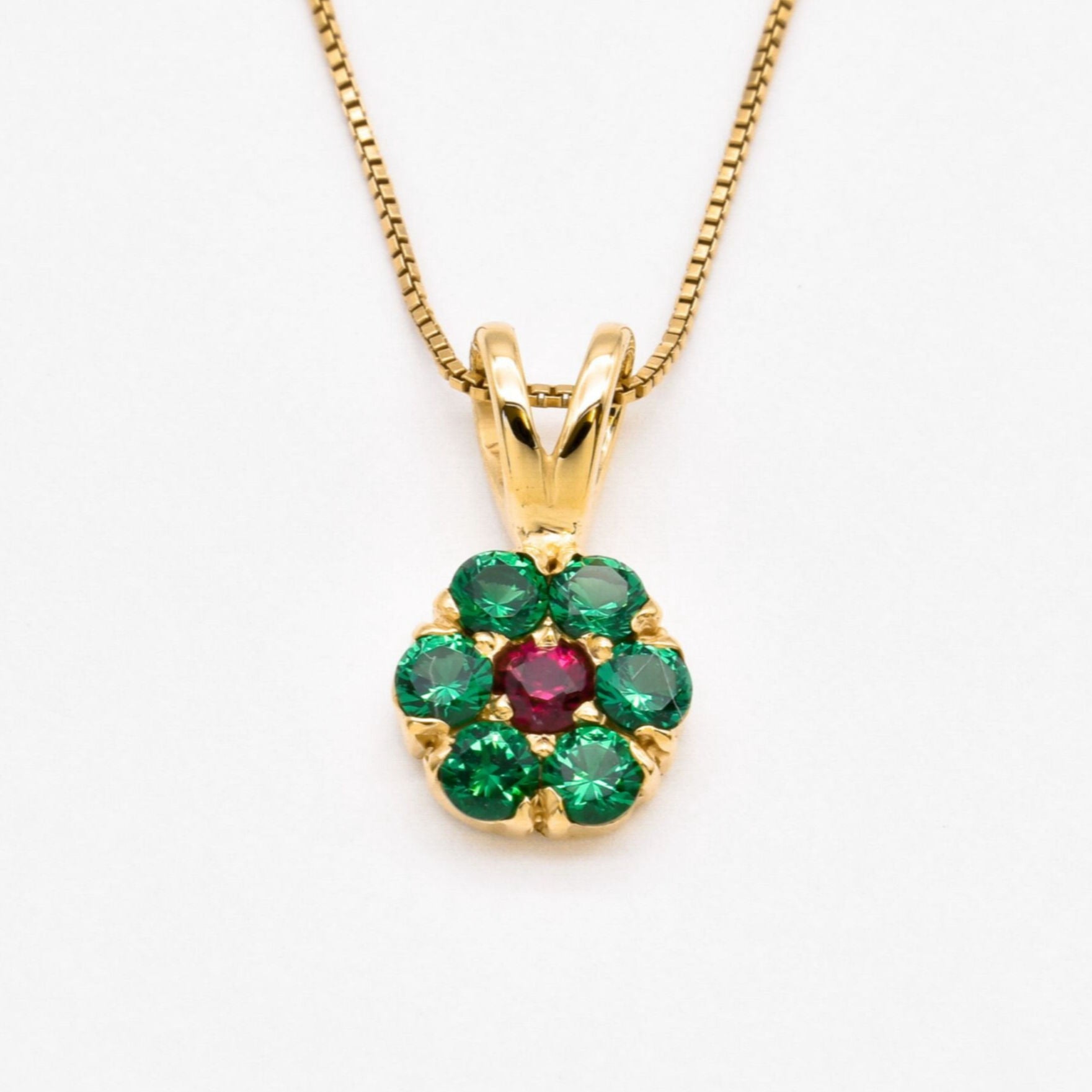 Created Emerald Pendant made in 18k Gold Vermeil with Round Created Green Emerald in Cluster setting, May Birthstone gift idea, symbolizes, ideal for everyday wear and perfect for birthday gifting and special occasions.
