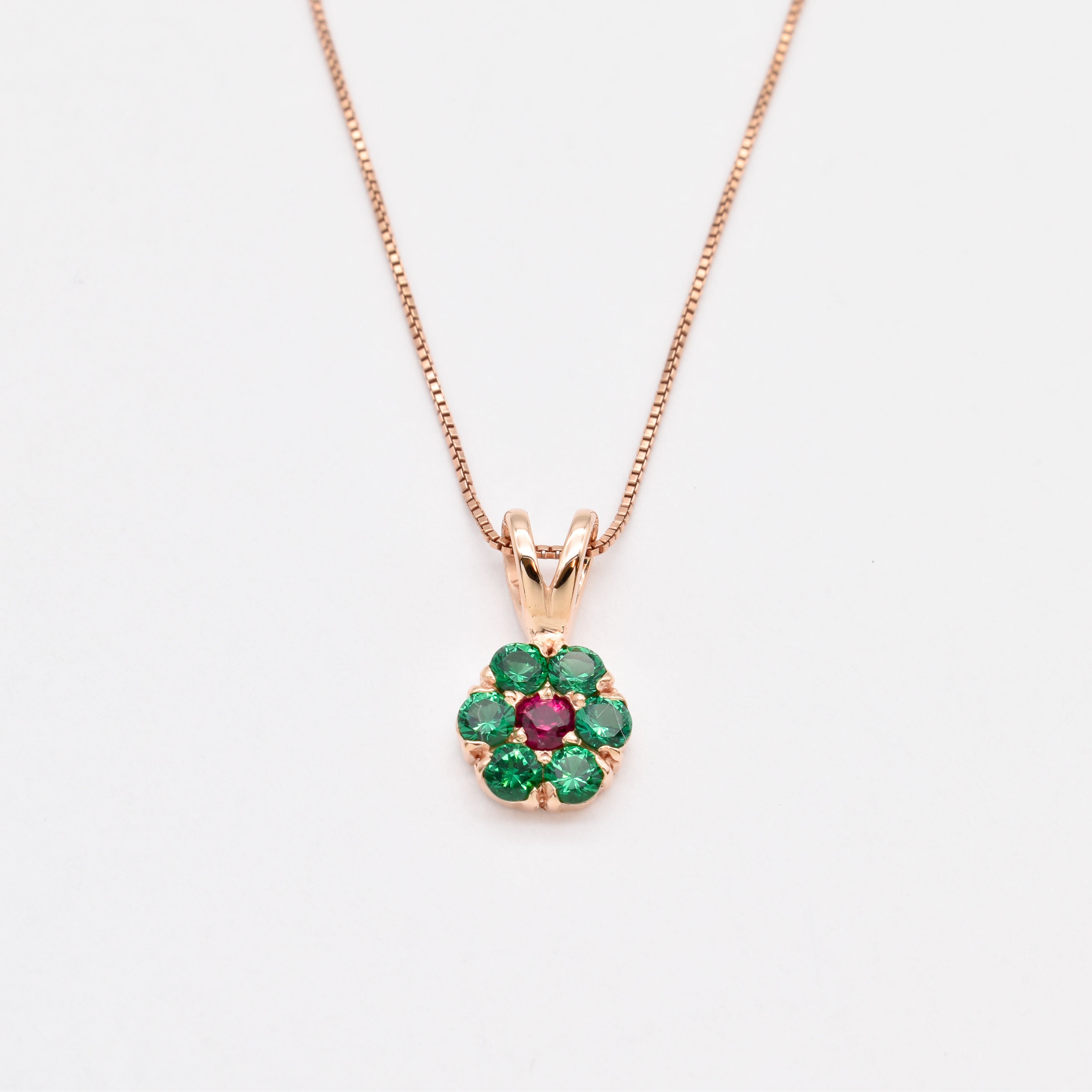 Created Emerald Pendant made in Rose Gold Vermeil with Round Created Green Emerald in Cluster setting, May Birthstone gift idea, symbolizes, ideal for everyday wear and perfect for birthday gifting and special occasions.