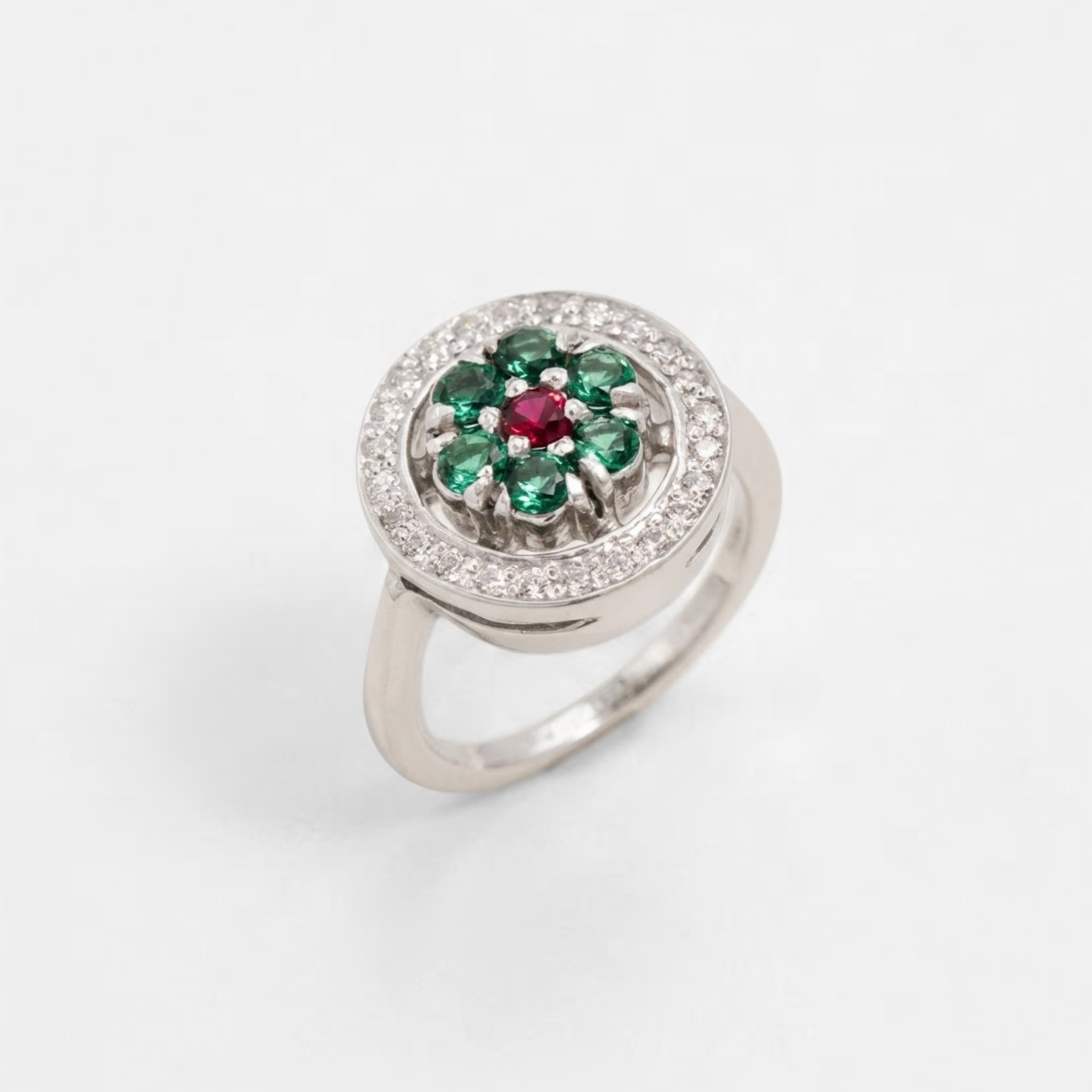 Created Emerald Ring made in 925 Sterling Silver with Round Created Green Emerald in Cluster setting, May Birthstone gift idea, symbolizes, ideal for everyday wear and perfect for birthday gifting and special occasions.