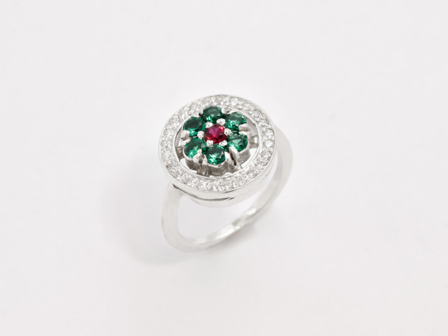 Created Emerald Ring made in 925 Sterling Silver with Round Created Green Emerald in Cluster setting, May Birthstone gift idea, symbolizes, ideal for everyday wear and perfect for birthday gifting and special occasions.