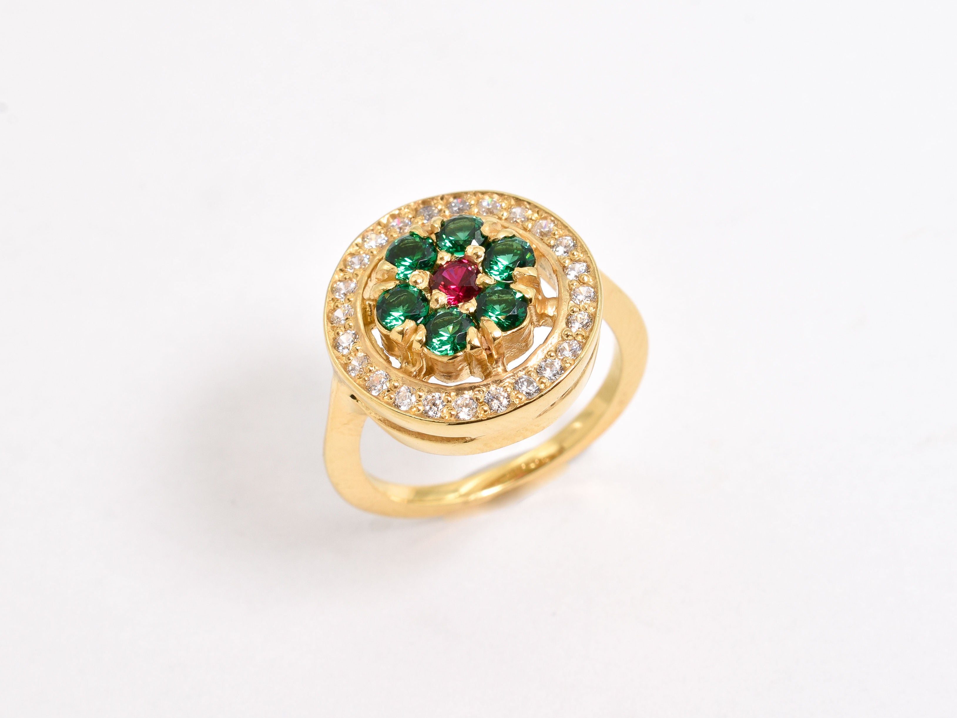 Created Emerald Ring made in 18k Gold Vermeil with Round Created Green Emerald in Cluster setting, May Birthstone gift idea, symbolizes, ideal for everyday wear and perfect for birthday gifting and special occasions.