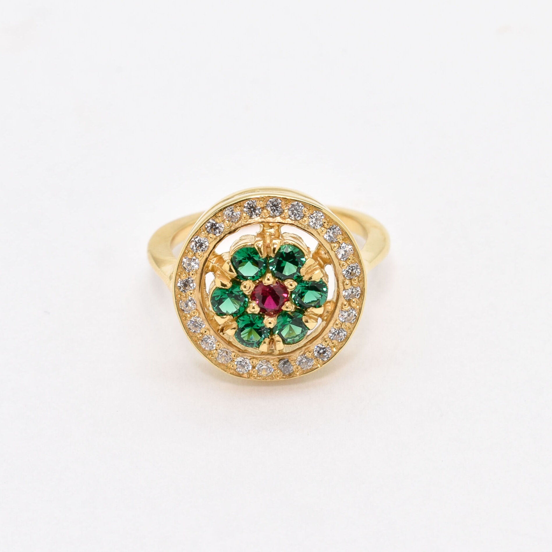 Elegant 18k Gold Vermeil Ring featuring a cluster of Created Green Emeralds, ideal for May birthdays and everyday elegance.