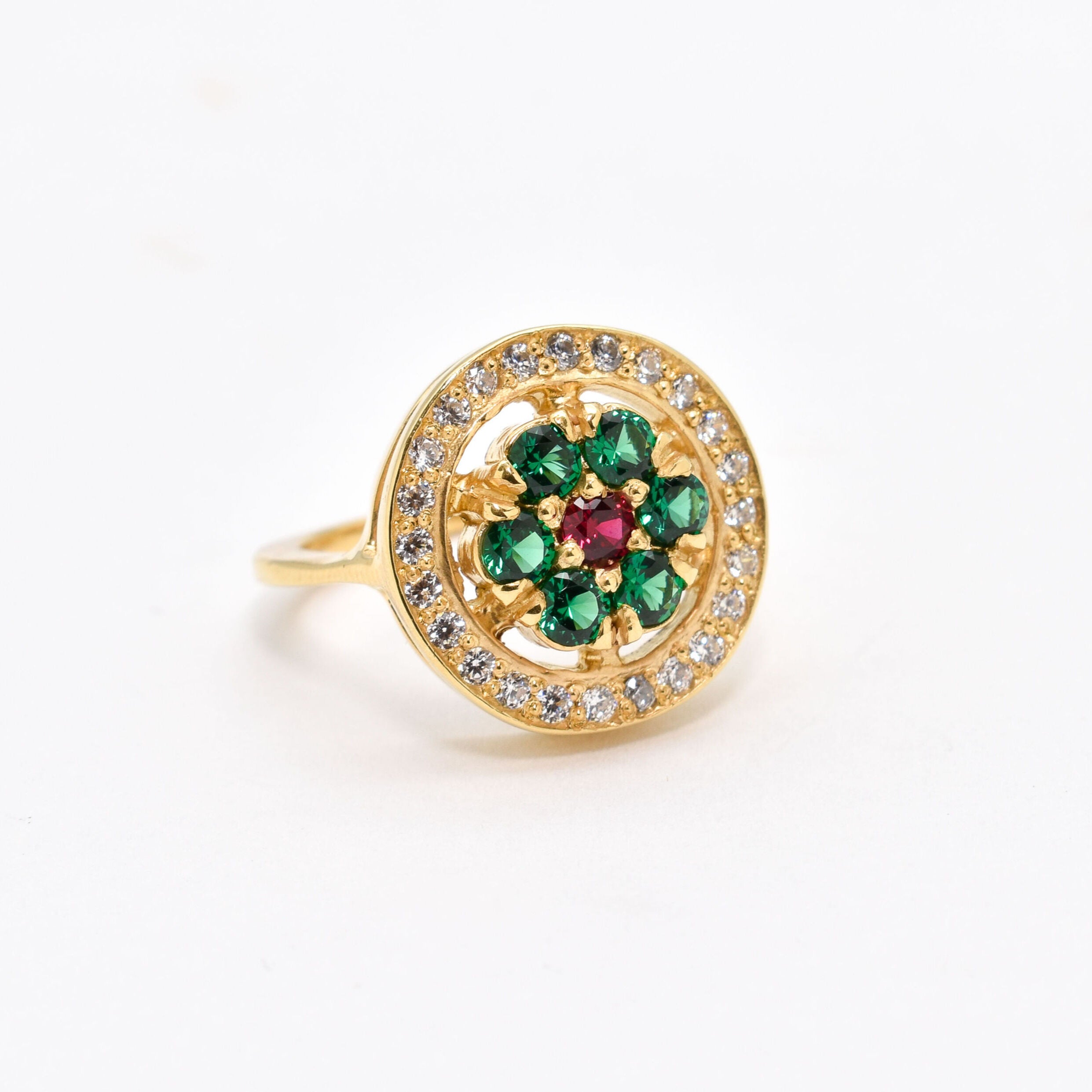 Beautiful 18k Gold Vermeil ring with cluster of created emeralds, a stunning May birthstone gift for any occasion.