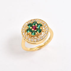 Created Emerald Ring made in 18k Gold Vermeil with Round Created Green Emerald in Cluster setting, May Birthstone gift idea, symbolizes, ideal for everyday wear and perfect for birthday gifting and special occasions.