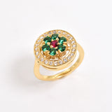 Created Emerald Ring made in 18k Gold Vermeil with Round Created Green Emerald in Cluster setting, May Birthstone gift idea, symbolizes, ideal for everyday wear and perfect for birthday gifting and special occasions.