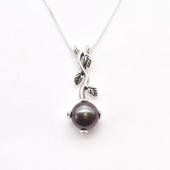 Black Pearl Pendant - Drop Leaves Necklace - Natural Black Pearl Necklace