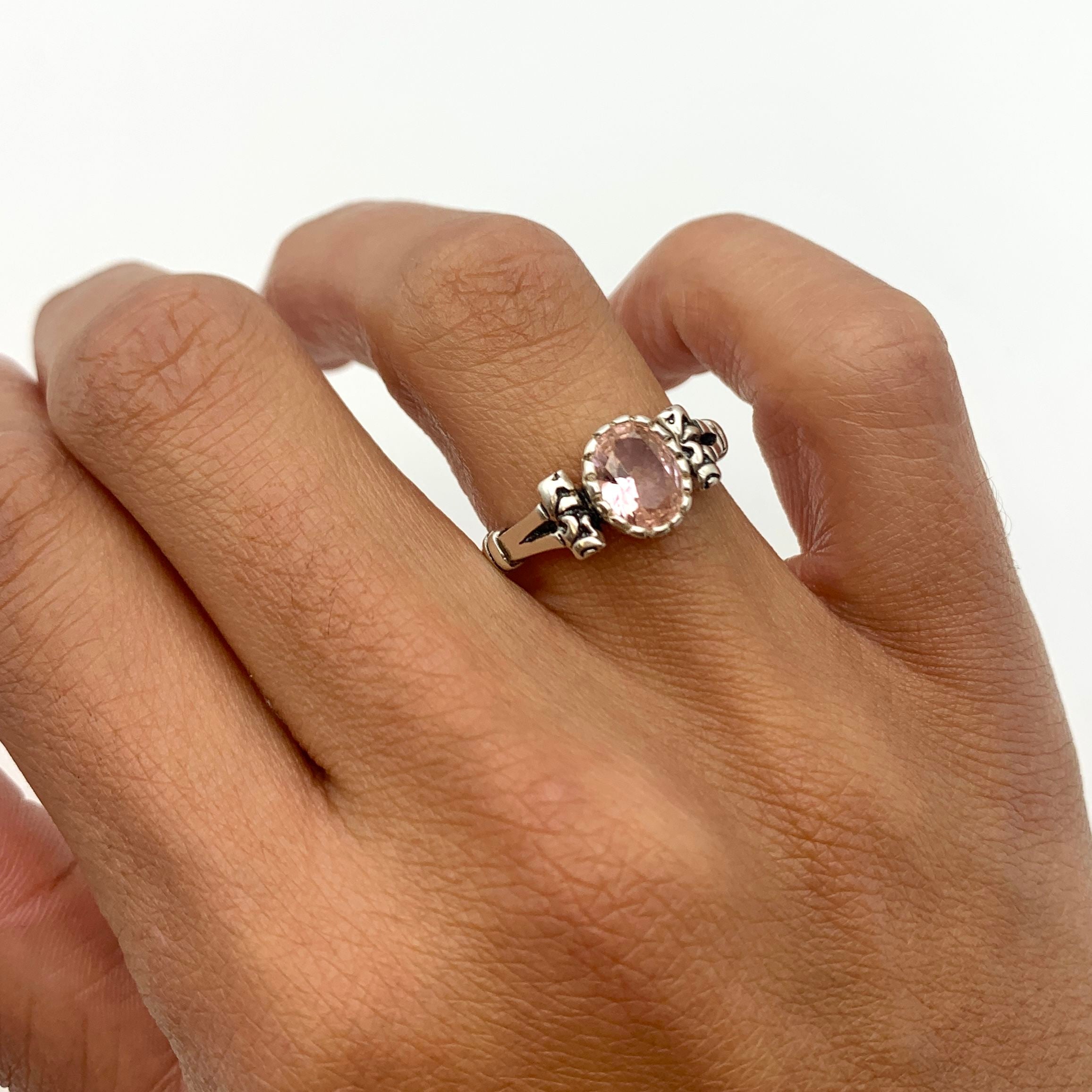 Closer shot of Morganite Ring worn on ring finger