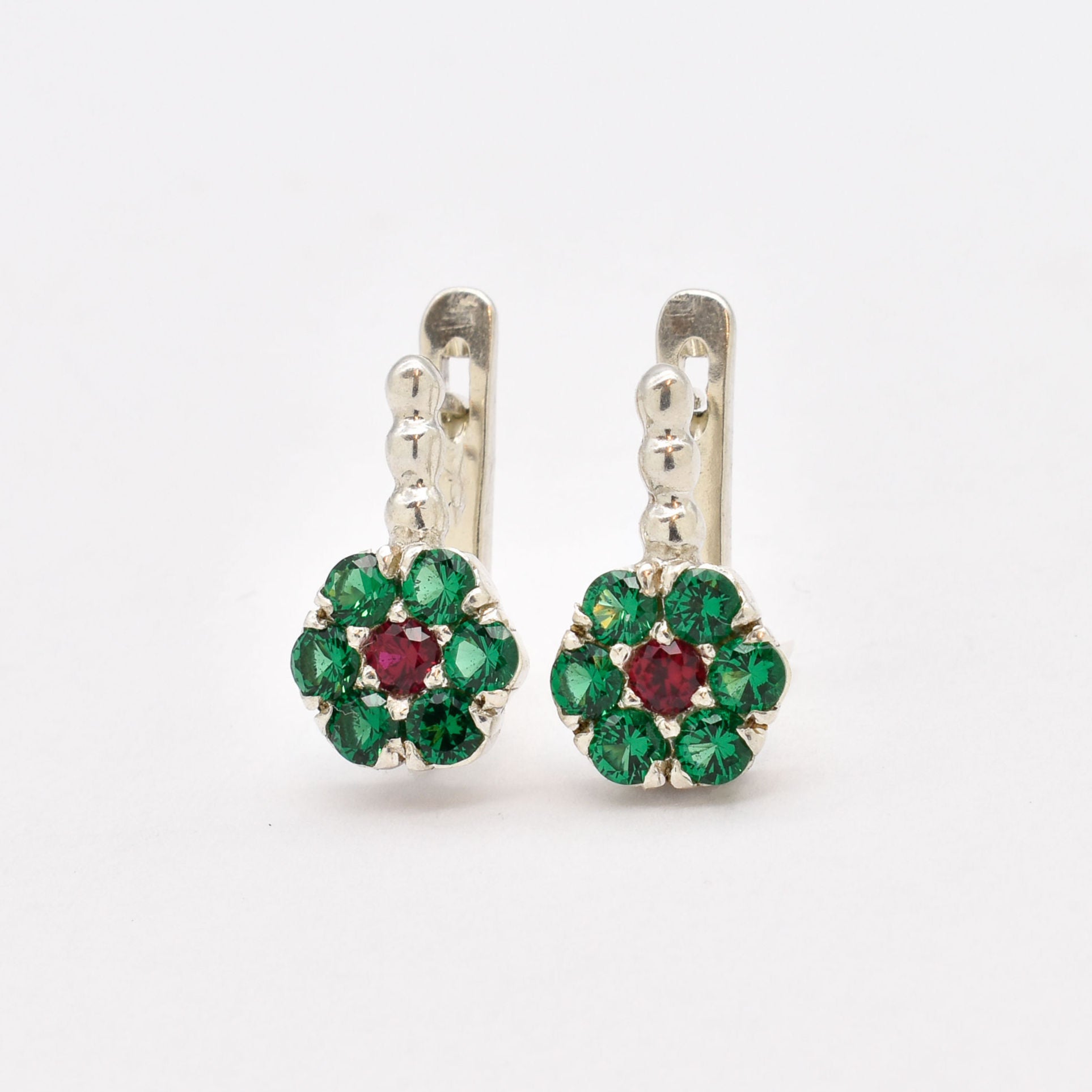 Created Emerald Earrings made in 925 Sterling Silver with Round Created Green Emerald in Cluster setting, May Birthstone gift idea, symbolizes, ideal for everyday wear and perfect for birthday gifting and special occasions.