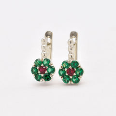 Created Emerald Earrings made in 925 Sterling Silver with Round Created Green Emerald in Cluster setting, May Birthstone gift idea, symbolizes, ideal for everyday wear and perfect for birthday gifting and special occasions.