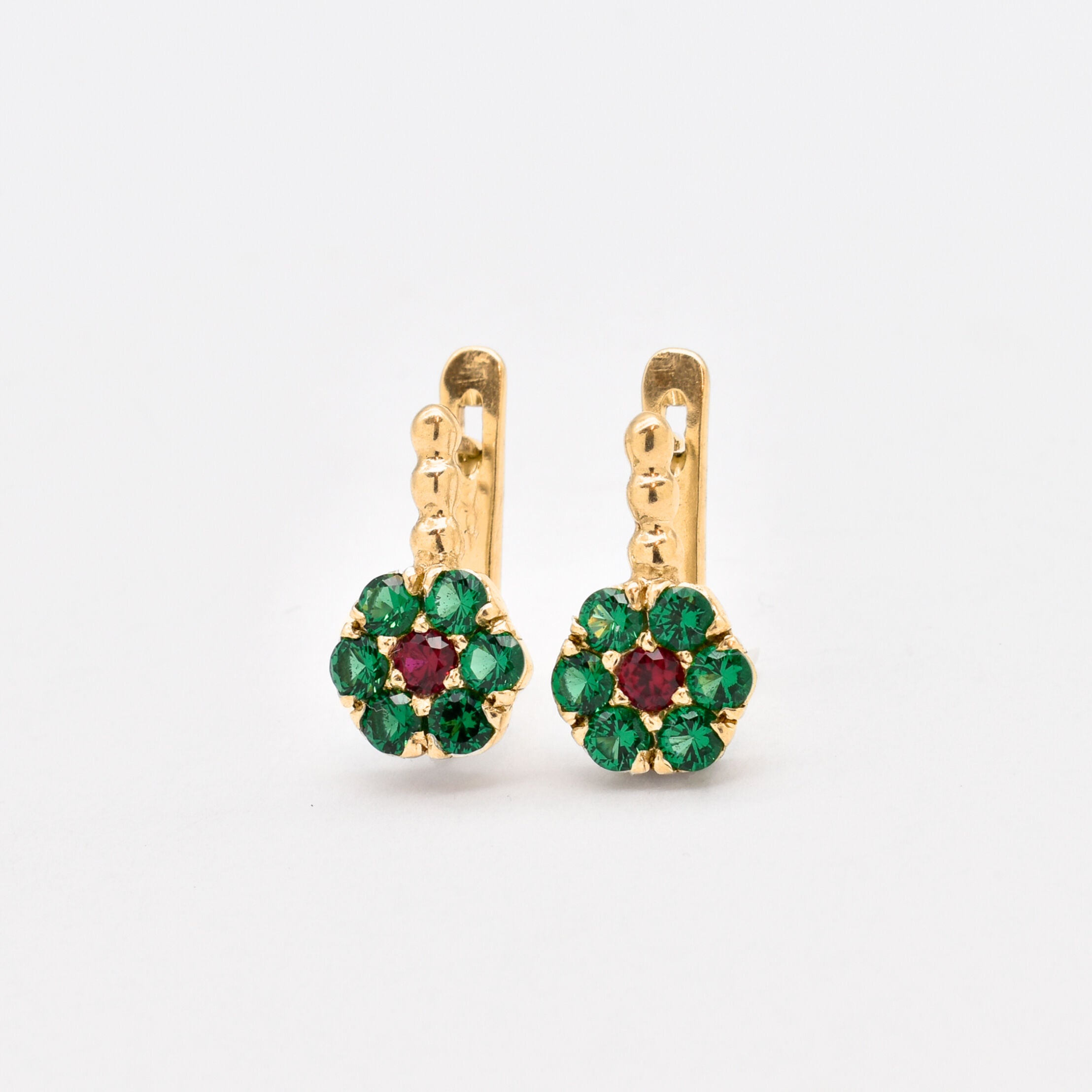 Emerald Flower Earrings - Green Flower Earrings - Red Ruby Earrings