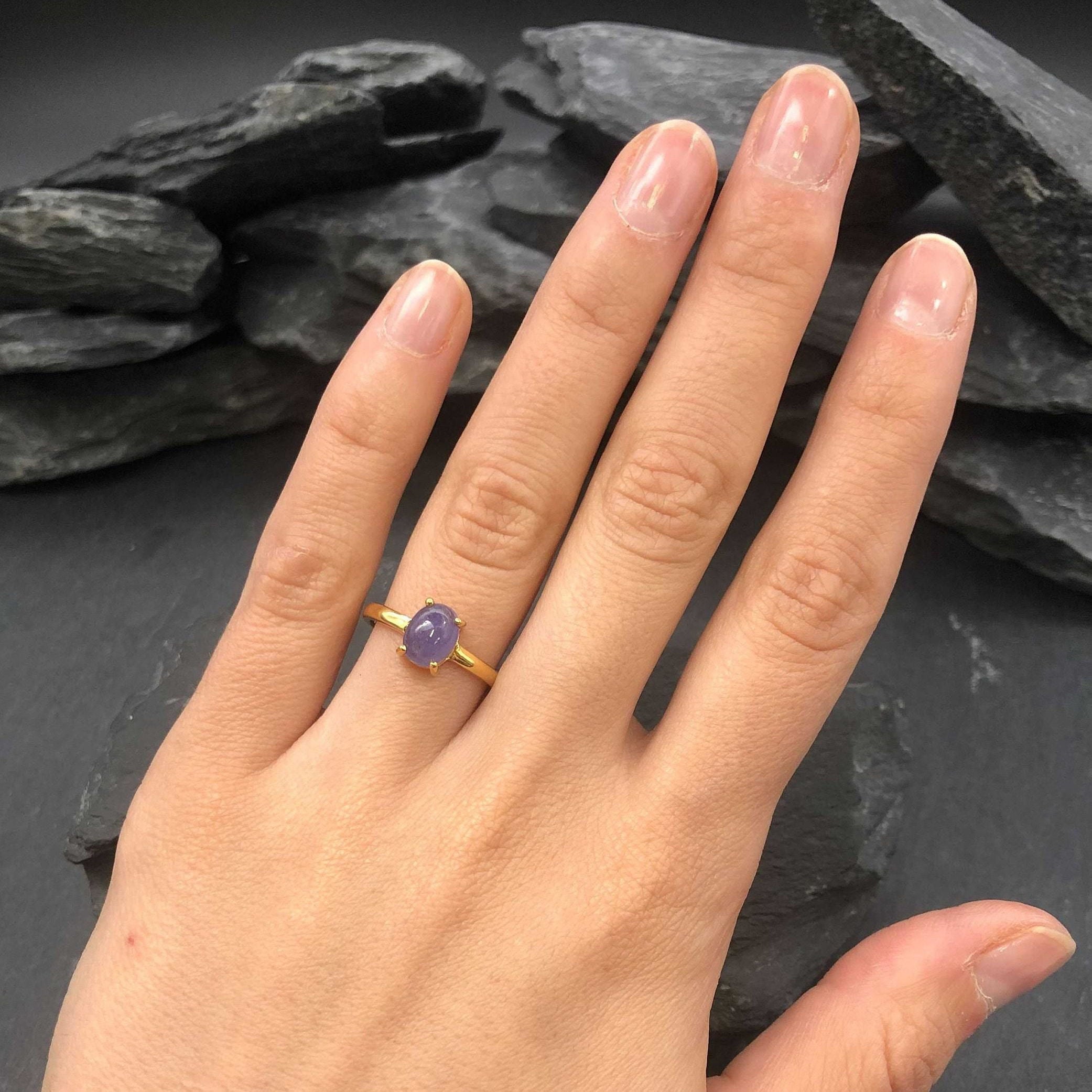 Elegant 18k Gold Vermeil Tanzanite Ring with a stunning purple oval gemstone, perfect for gifting and everyday elegance.