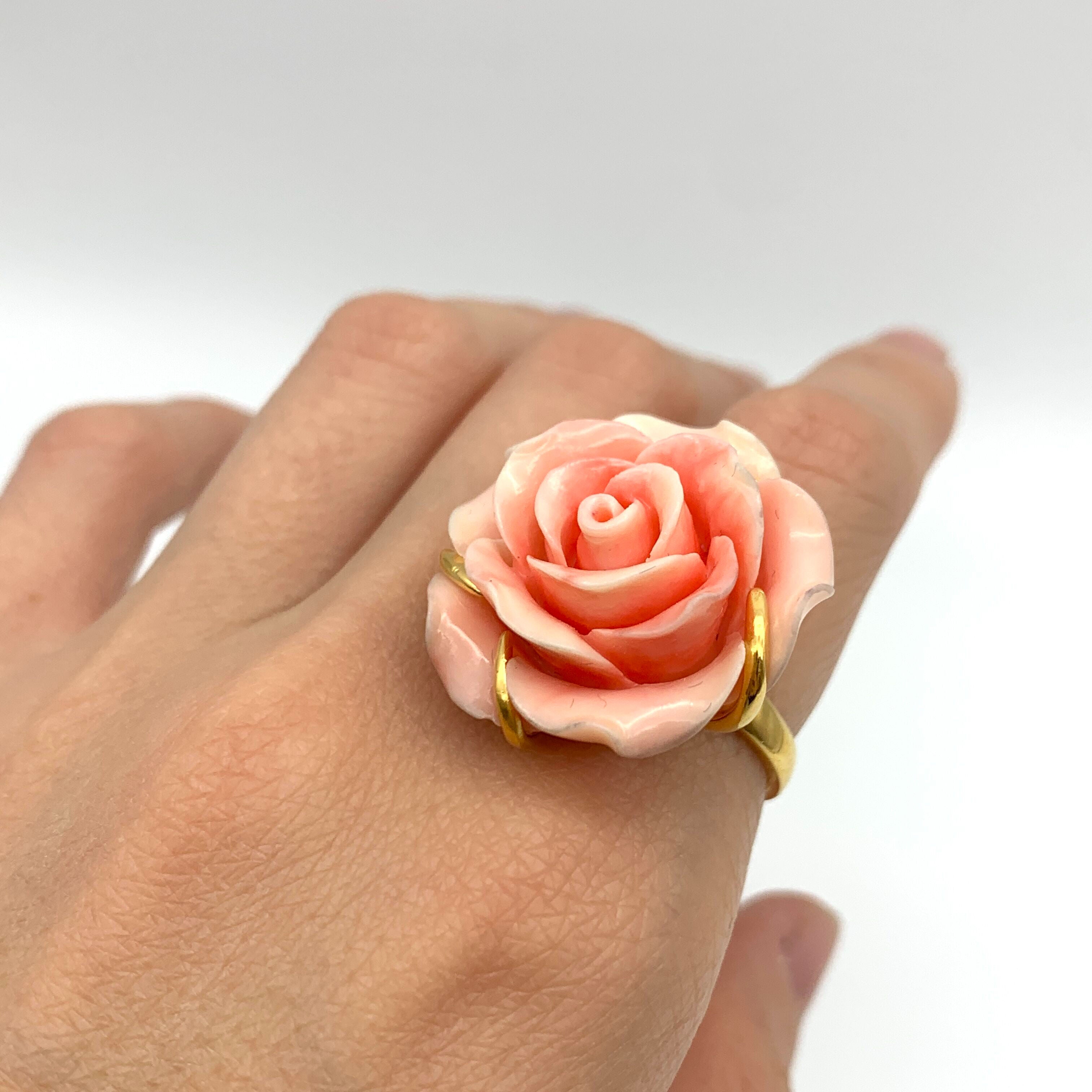 Large Rose Ring, Created Coral, Statement Ring, Flower Ring, Romantic Ring, Carved Ring, Large Pink Ring, Angel Skin Ring, Solid Silver Ring(1)