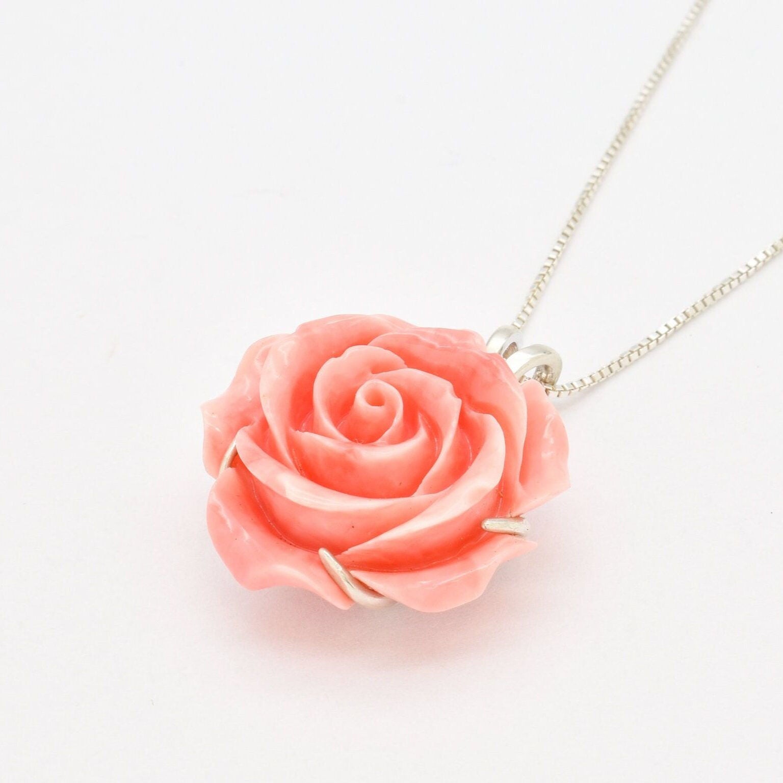 Large Rose Pendant, Created Coral, Statement Pendant, Flower Necklace, Carved Pedant, Angel Skin Coral, Romantic Necklace, Silver Pendant