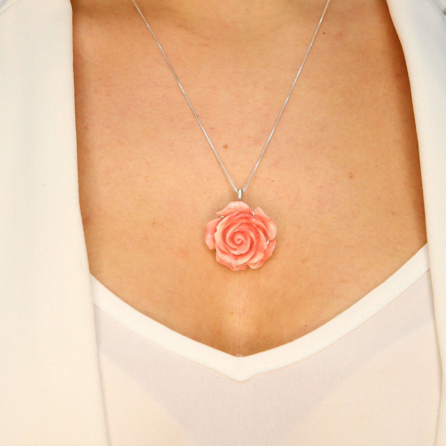 Large Rose Pendant, Created Coral, Statement Pendant, Flower Necklace, Carved Pedant, Angel Skin Coral, Romantic Necklace, Silver Pendant