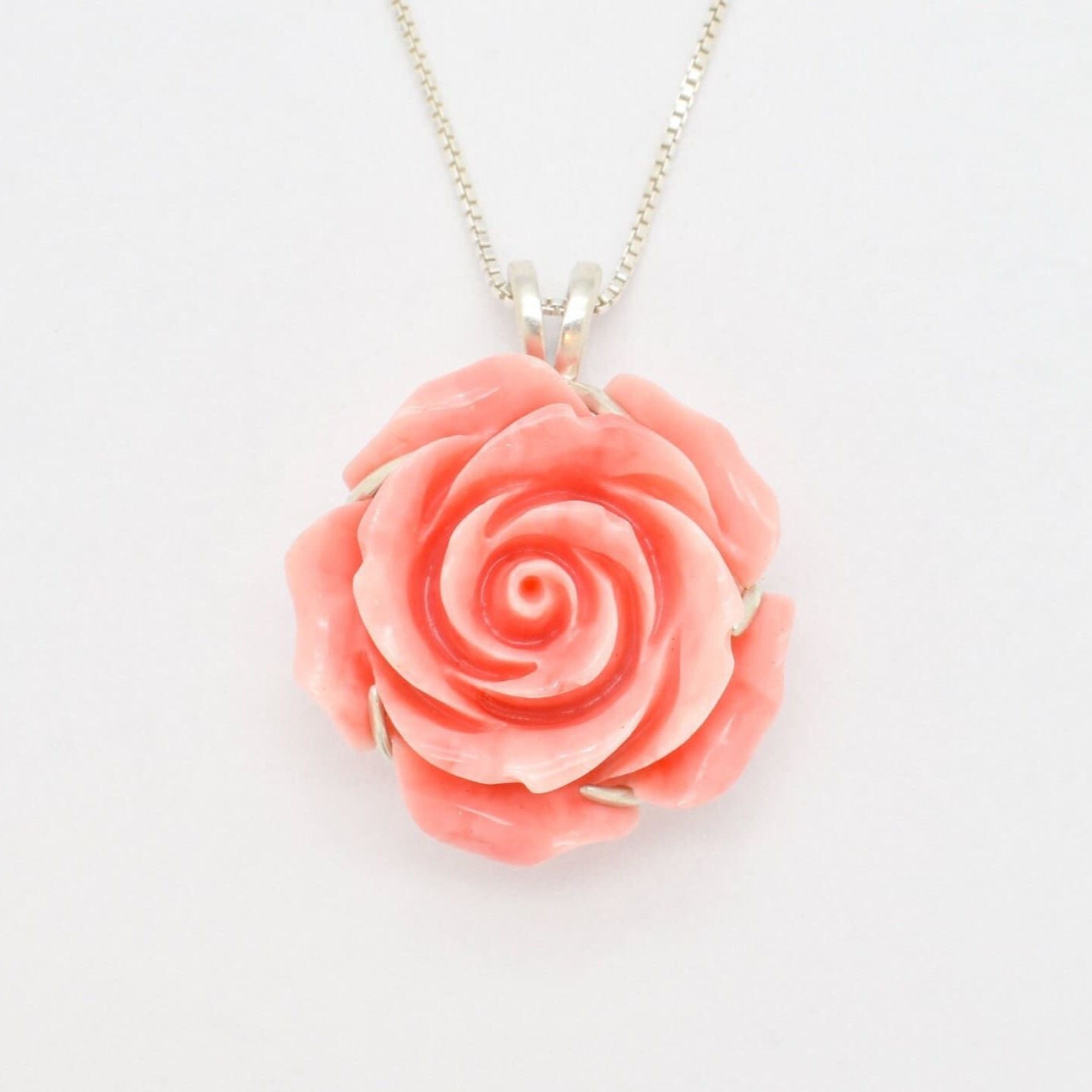 Large Rose Pendant, Created Coral, Statement Pendant, Flower Necklace, Carved Pedant, Angel Skin Coral, Romantic Necklace, Silver Pendant