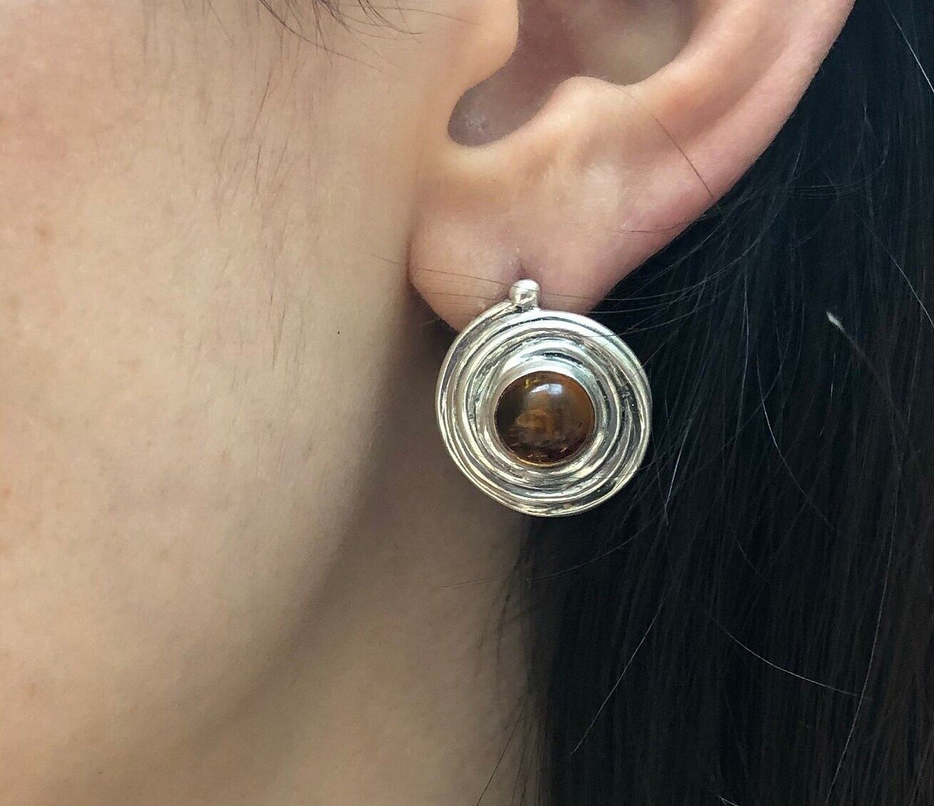 Swirl Earrings, Natural Amber, Stud Earrings, Round Earrings, Vintage Earrings, Amber Earrings, Spiral Earrings, Solid Silver Earrings