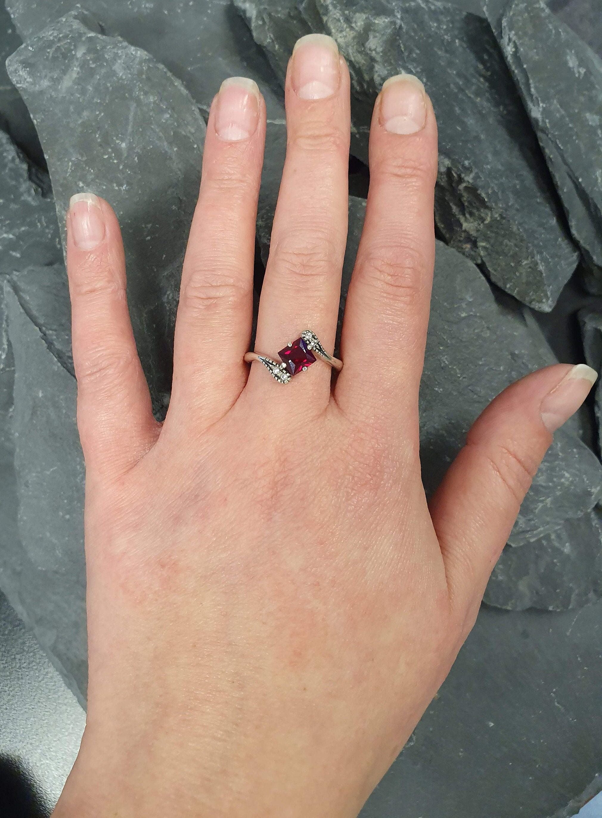 Square Garnet Ring, Natural Garnet, Antique Ring, January Birthstone, Red Vintage Ring, Engagement Ring, Dainty Ring, Sterling Silver Ring