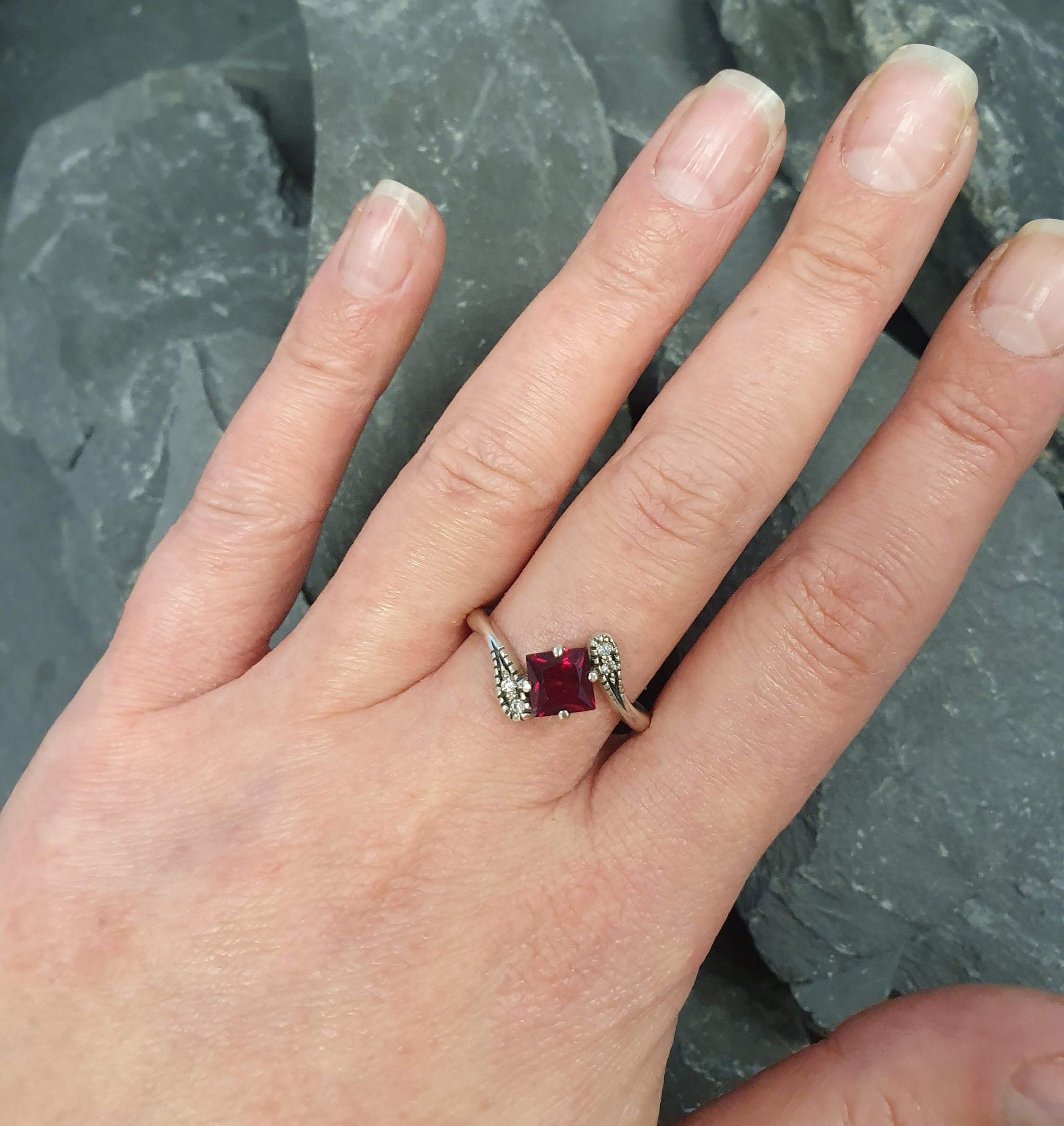 Square Garnet Ring, Natural Garnet, Antique Ring, January Birthstone, Red Vintage Ring, Engagement Ring, Dainty Ring, Sterling Silver Ring