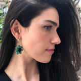 Large Flower Earrings, Created Emerald, Retro Earrings, Statement Earrings, Heavy Earrings, Long Green Earrings, Solid Silver Earrings, Onyx