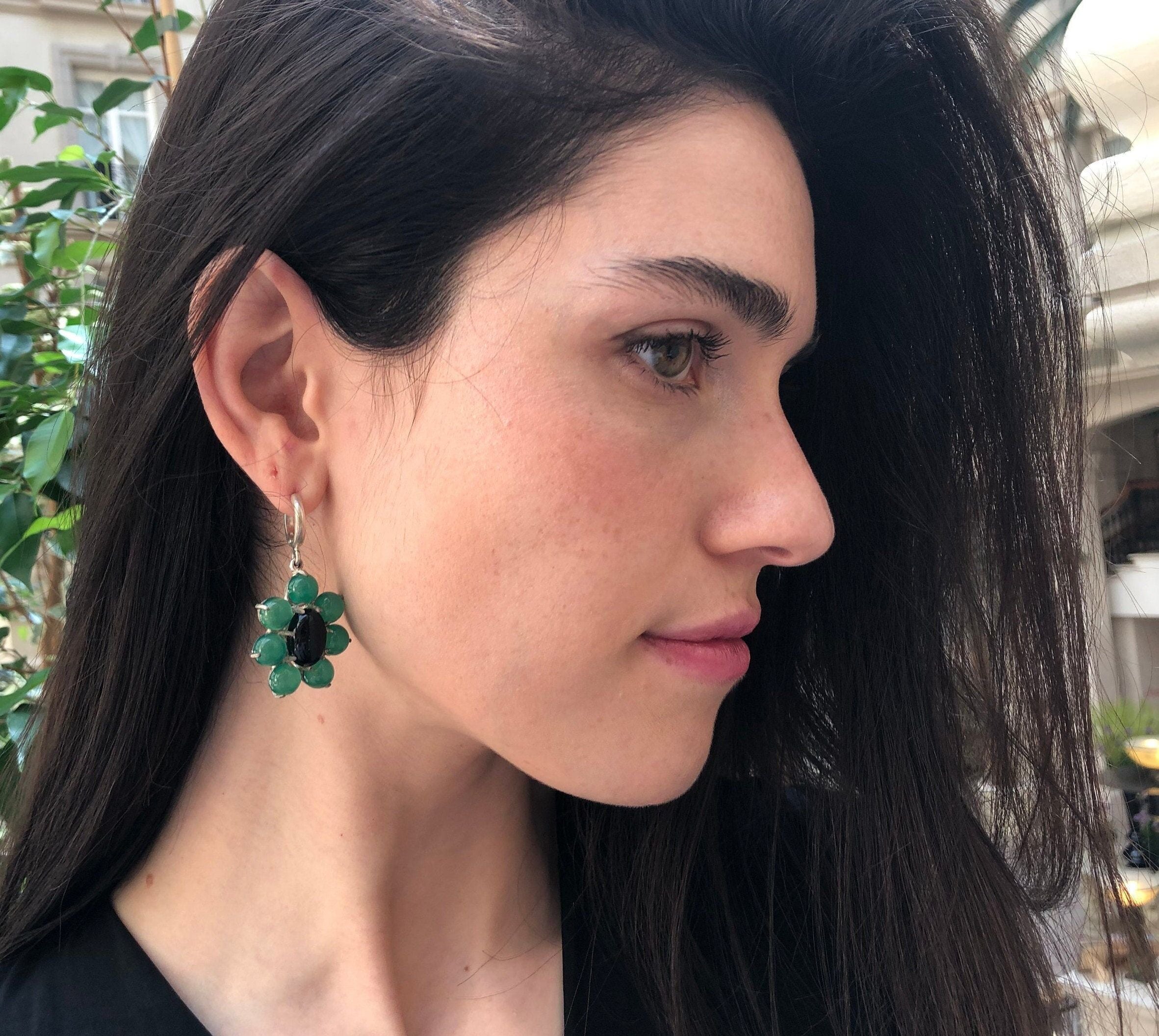 Large Flower Earrings, Created Emerald, Retro Earrings, Statement Earrings, Heavy Earrings, Long Green Earrings, Solid Silver Earrings, Onyx