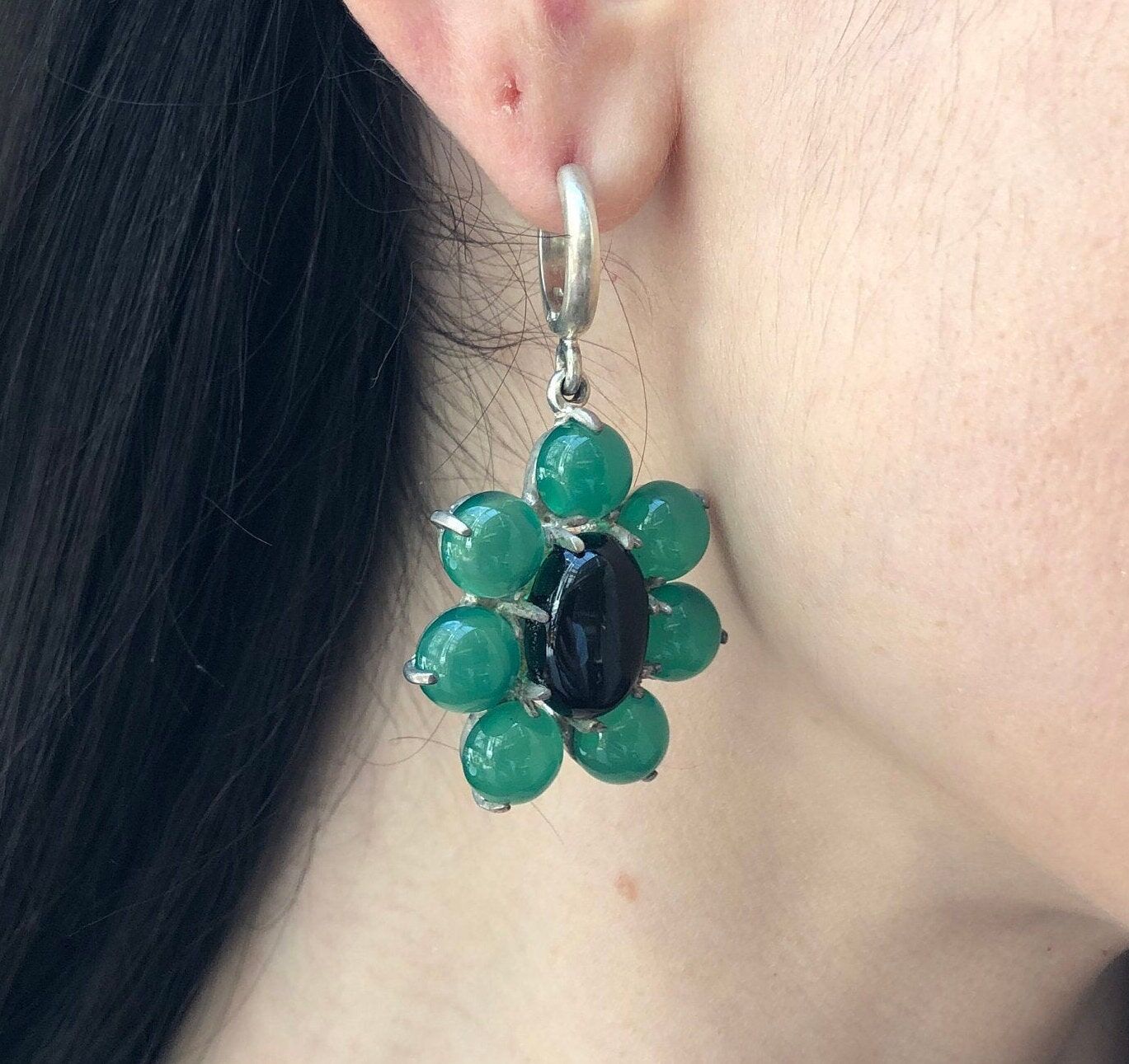 Large Flower Earrings, Created Emerald, Retro Earrings, Statement Earrings, Heavy Earrings, Long Green Earrings, Solid Silver Earrings, Onyx